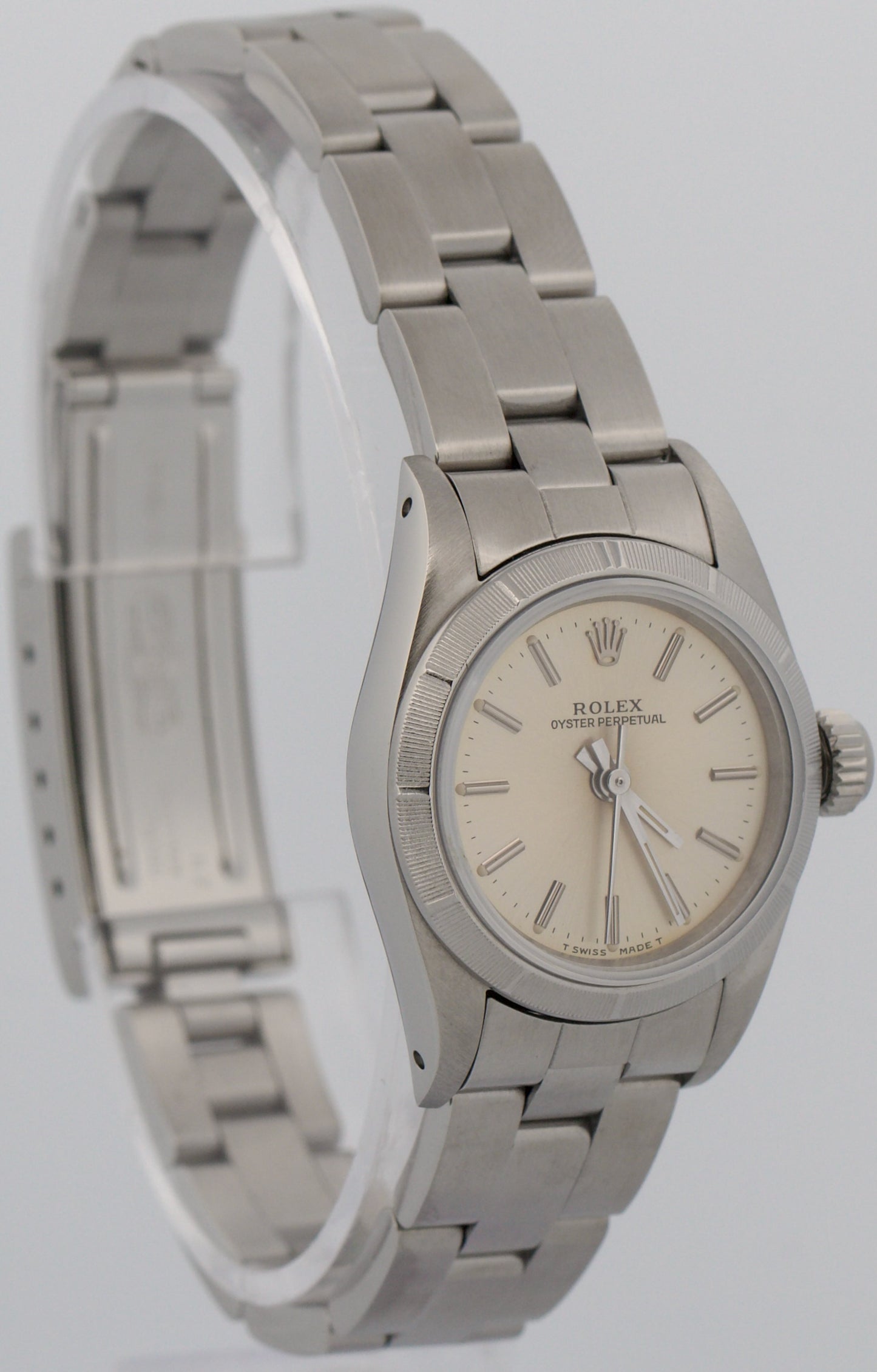 Ladies Rolex Oyster Perpetual PATINA SILVER Engine-Turned Steel 24mm Watch 67230