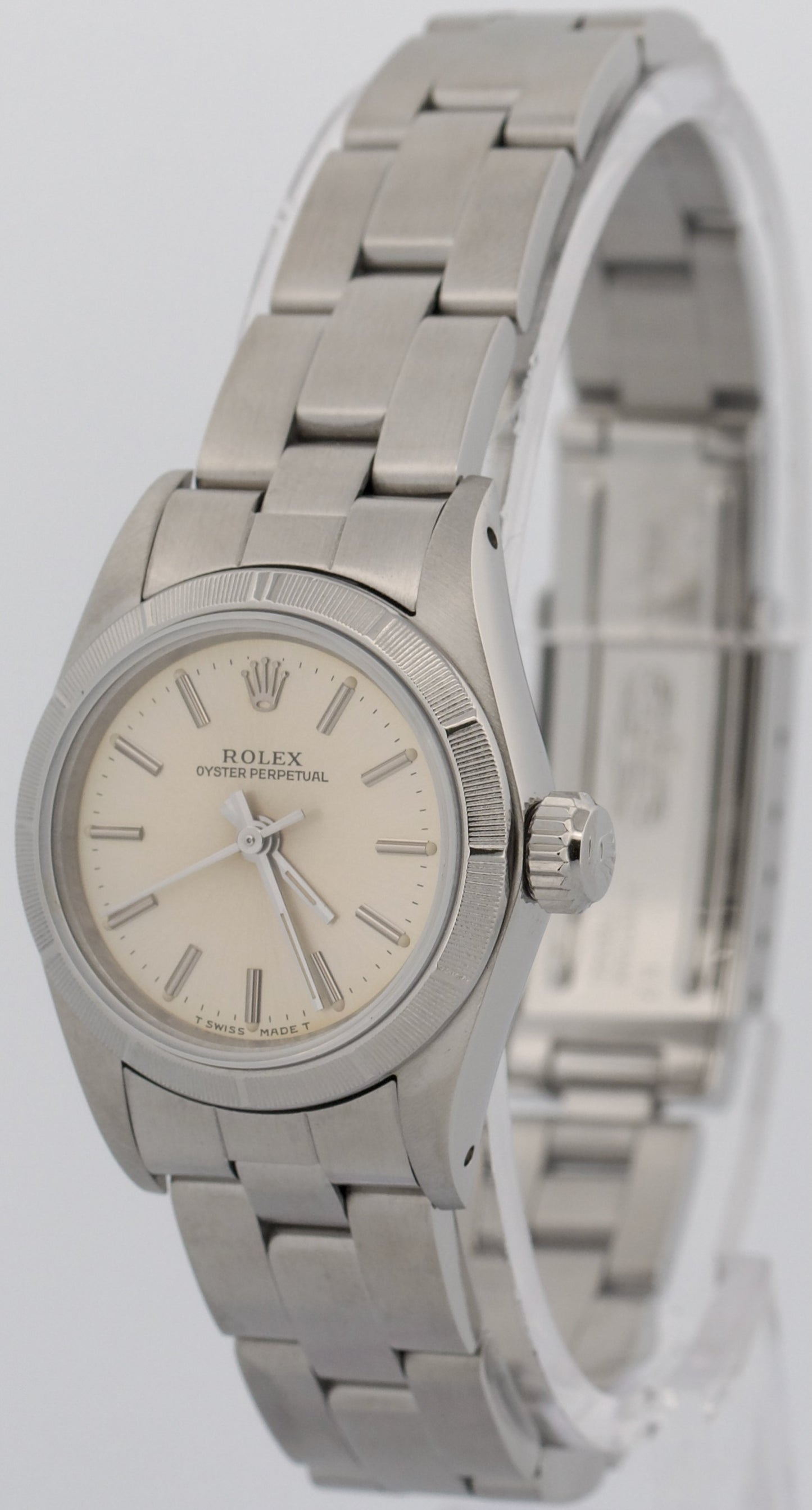 Ladies Rolex Oyster Perpetual PATINA SILVER Engine-Turned Steel 24mm Watch 67230