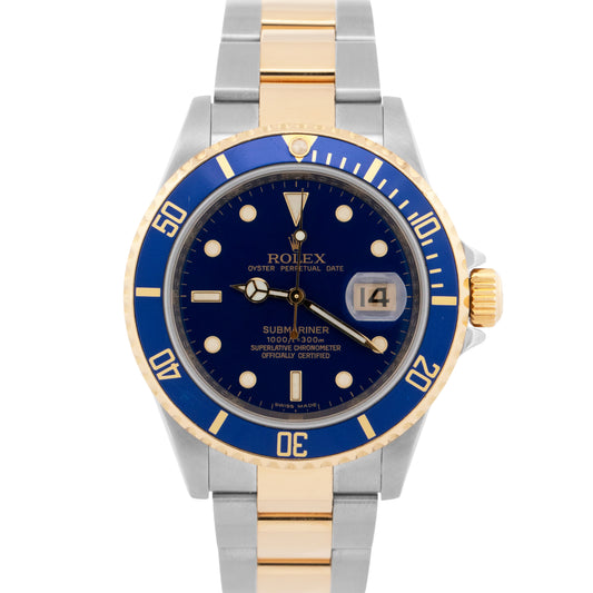 Rolex Submariner Date 40mm BLUE 18K Gold REHAUT No-Holes Steel 16613 Watch