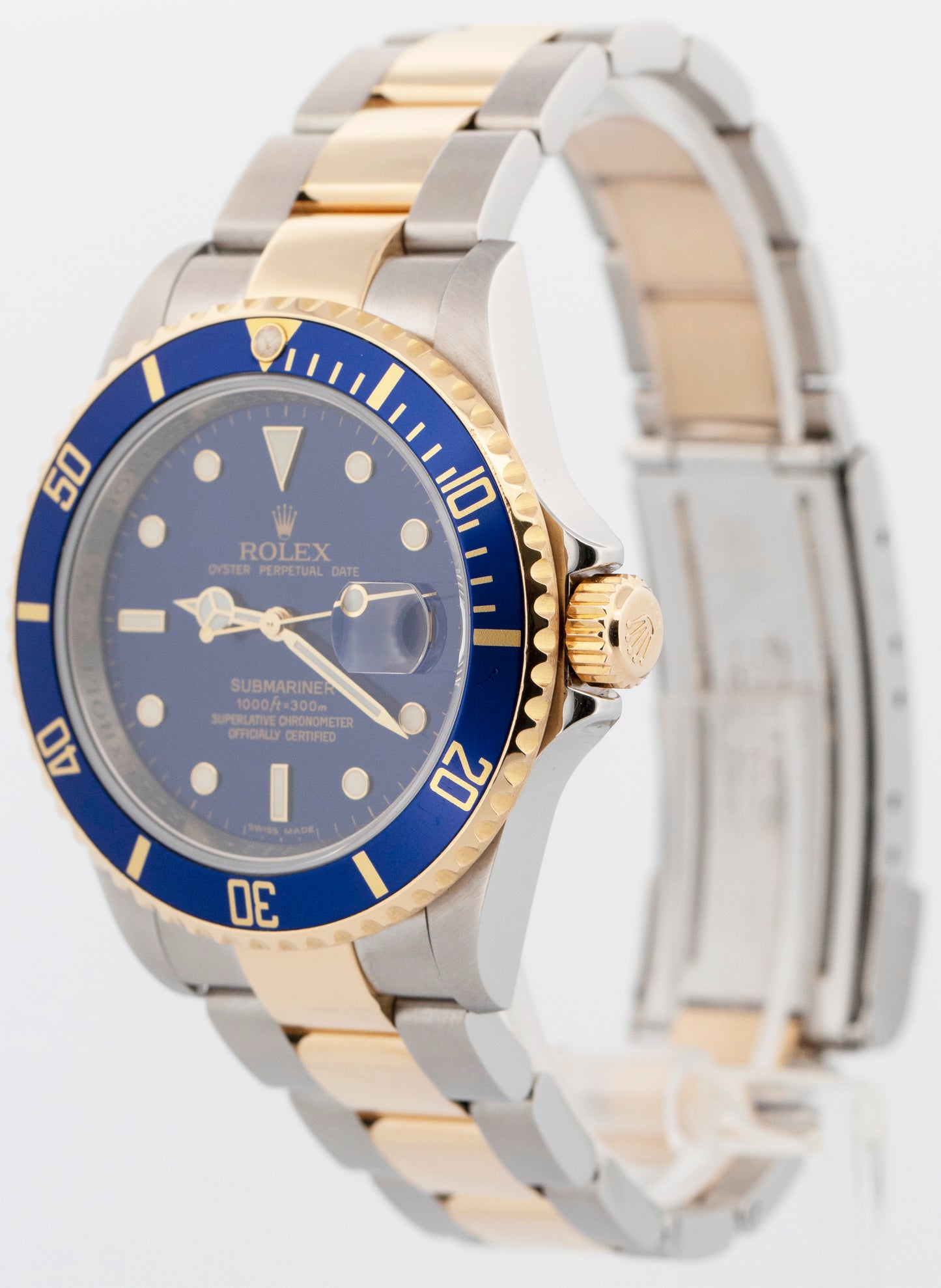 Rolex Submariner Date 40mm BLUE 18K Gold REHAUT No-Holes Steel 16613 Watch