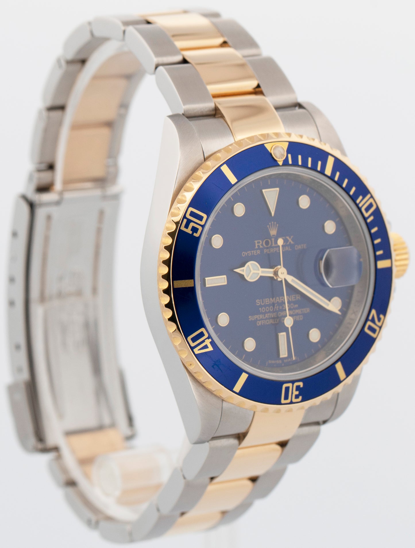 Rolex Submariner Date 40mm BLUE 18K Gold REHAUT No-Holes Steel 16613 Watch