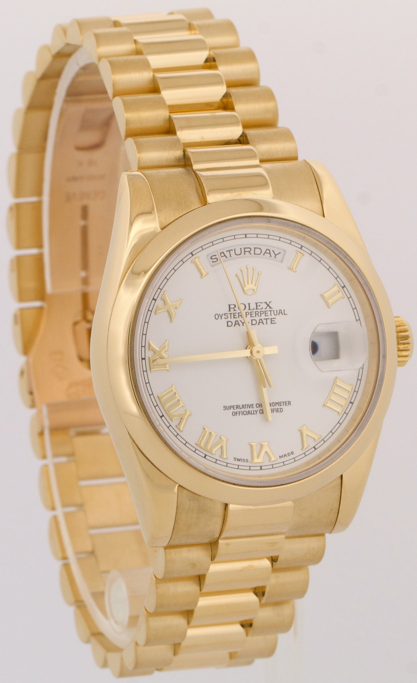 PAPERS Rolex Day-Date President WHITE ROMAN 18K Yellow Gold 36mm 118208 BOX