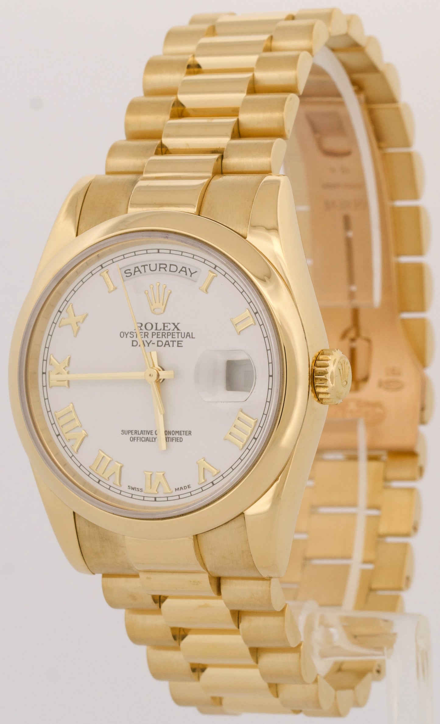 PAPERS Rolex Day-Date President WHITE ROMAN 18K Yellow Gold 36mm 118208 BOX