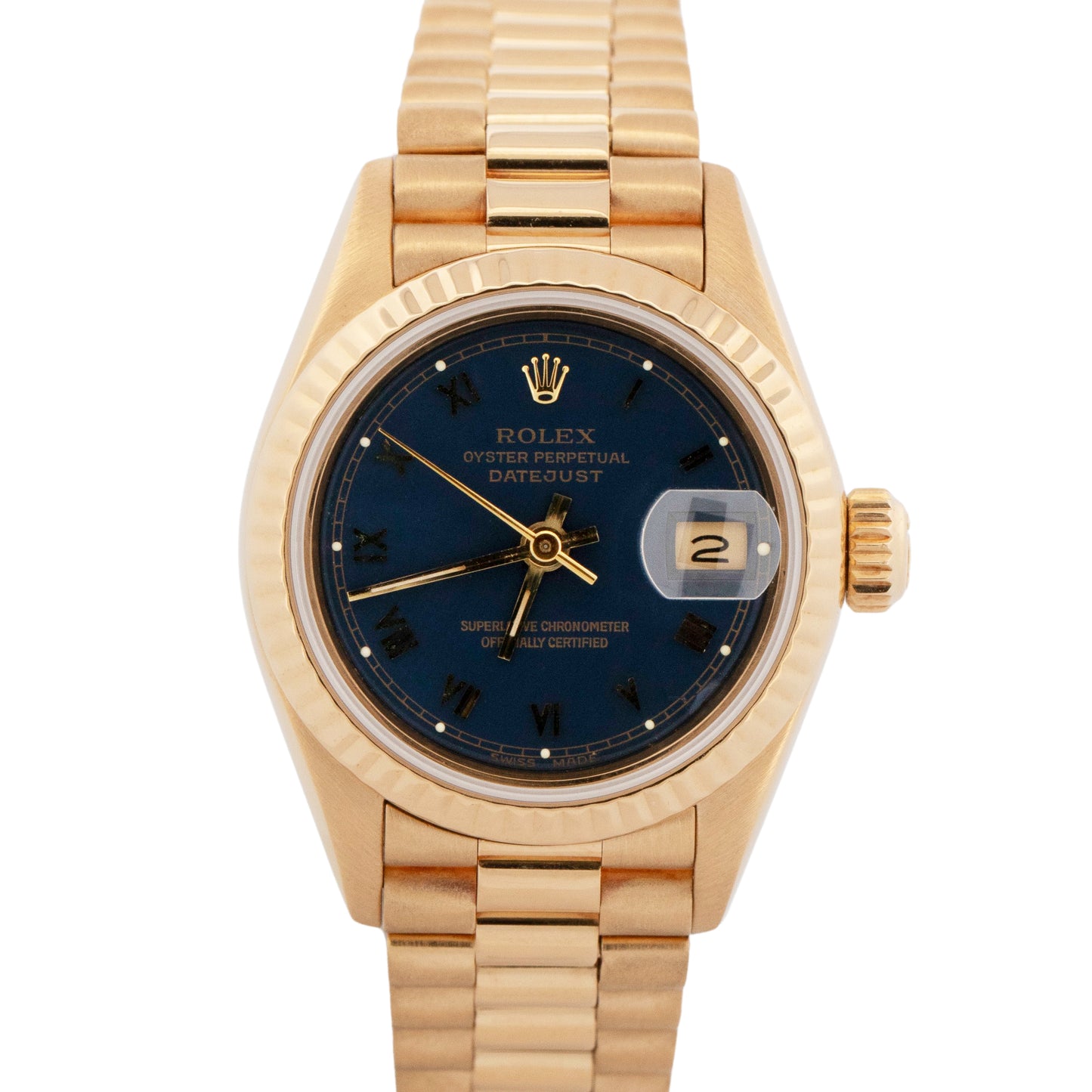 Ladies Rolex DateJust President BLUE ROMAN 18K Yellow Gold 26mm 69178 Watch