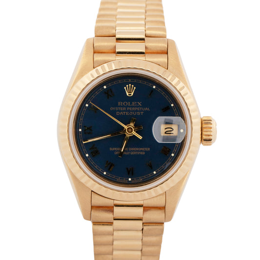 Ladies Rolex DateJust President BLUE ROMAN 18K Yellow Gold 26mm 69178 Watch