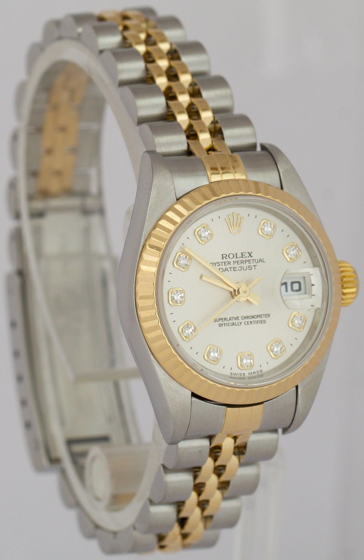 2001 Ladies Rolex DateJust SILVER DIAMOND 18K Gold NO-HOLES 26mm JUBILEE 79173