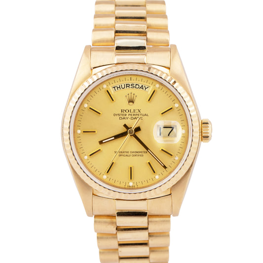 1985 Rolex Day-Date President Champagne 36mm 18K Yellow Gold Fluted Watch 18038