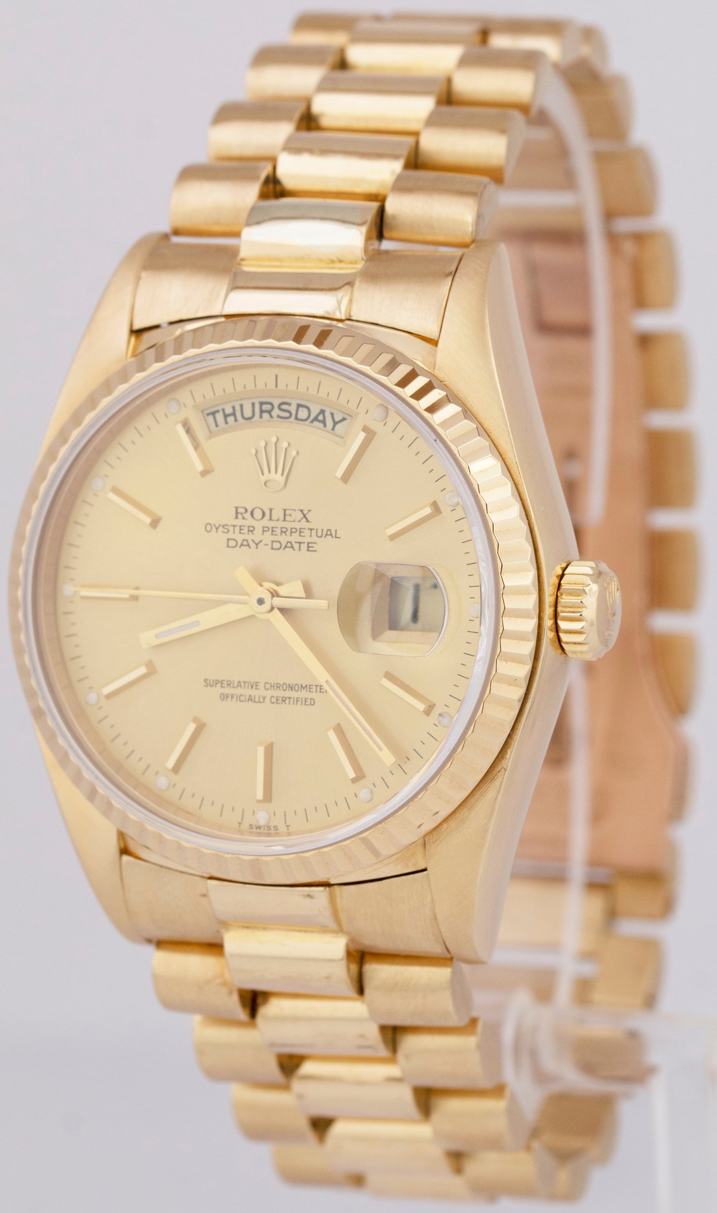 1985 Rolex Day-Date President Champagne 36mm 18K Yellow Gold Fluted Watch 18038