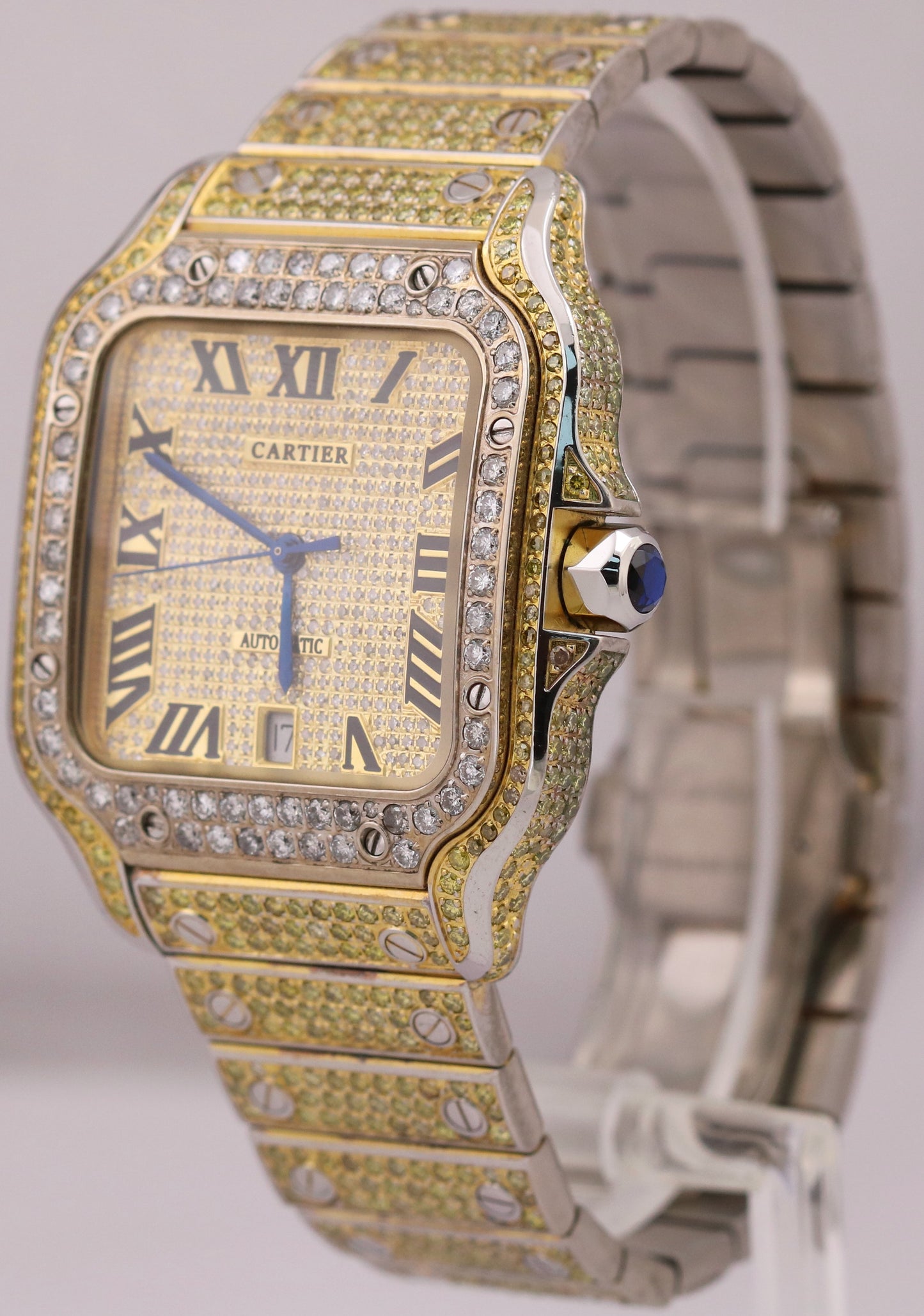 Cartier Santos 39.8mm YELLOW PAVE DIAMOND Roman Automatic Steel 4072 Watch