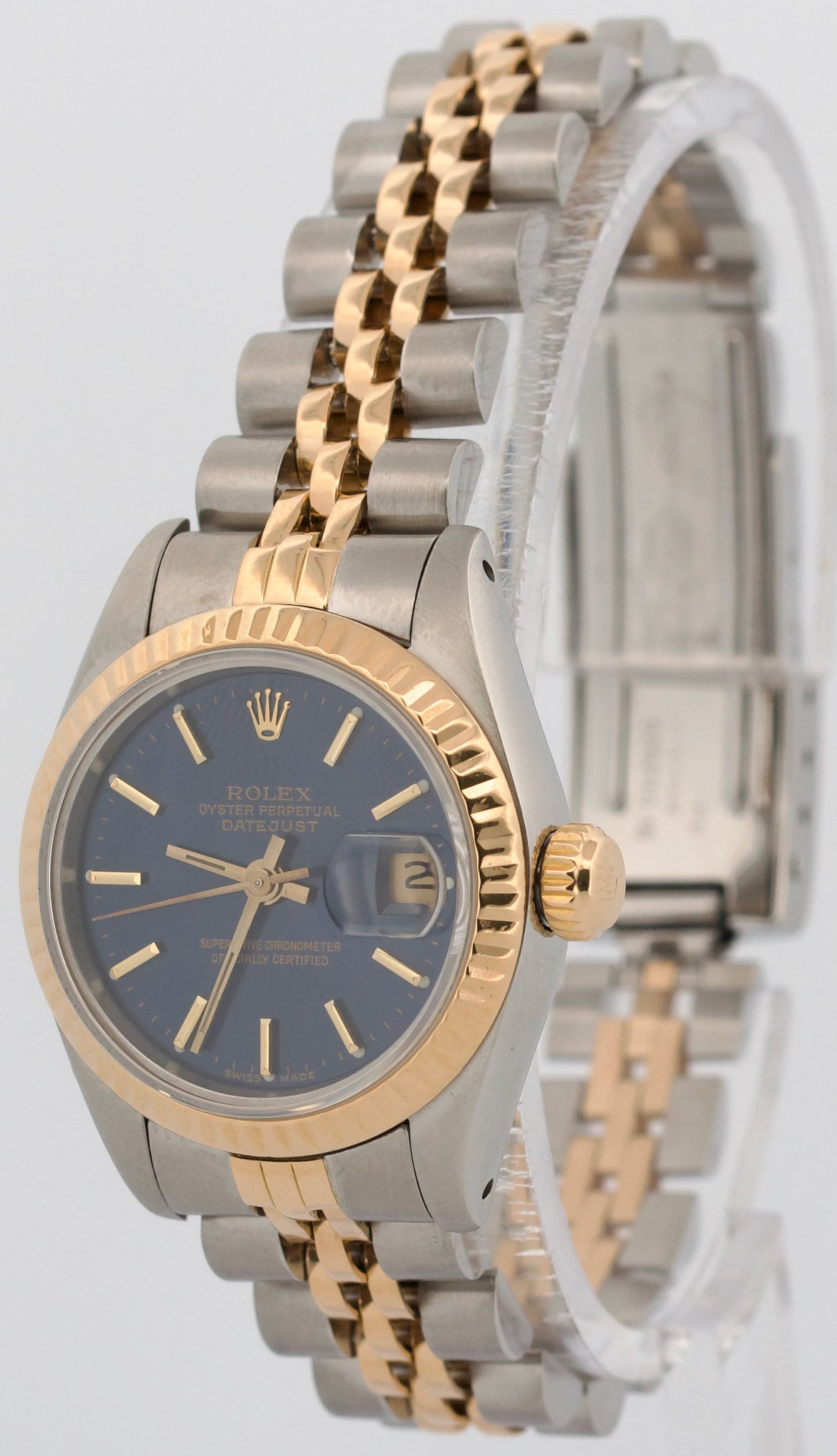 Ladies Rolex DateJust 26mm BLUE 18K Yellow Gold Steel Fluted JUBILEE 69173 Watch