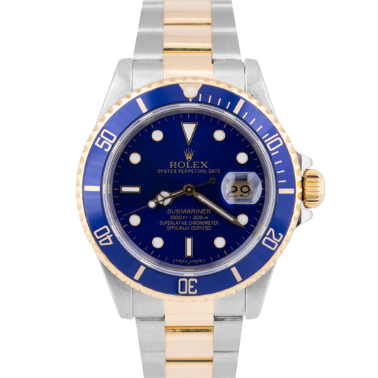 Rolex Submariner Date 40mm Blue Two-Tone 18K Yellow Gold Steel Watch 16613 LB