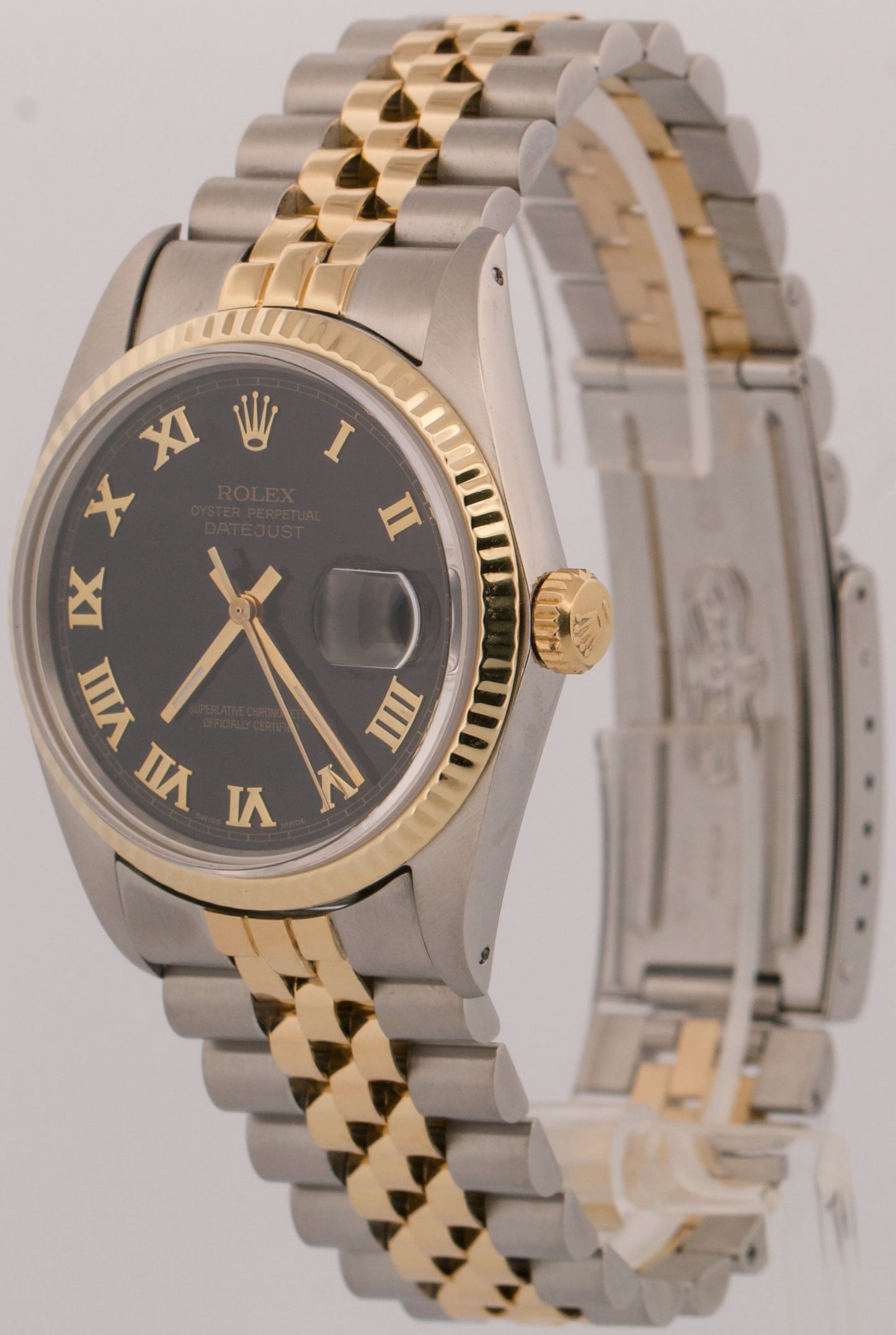 Rolex DateJust BLACK ROMAN PYRAMID Two-Tone 18K Gold Steel JUBILEE 36mm 16013