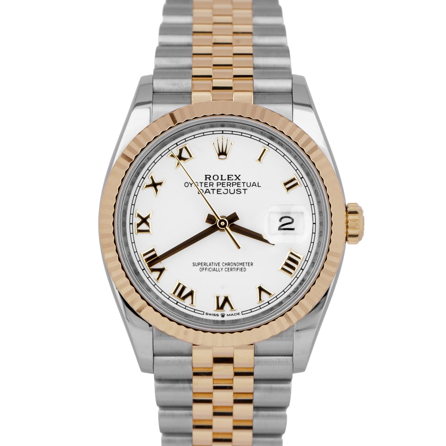 2022 Rolex DateJust 36mm White Roman Jubilee 18K Gold Two-Tone Watch 126233