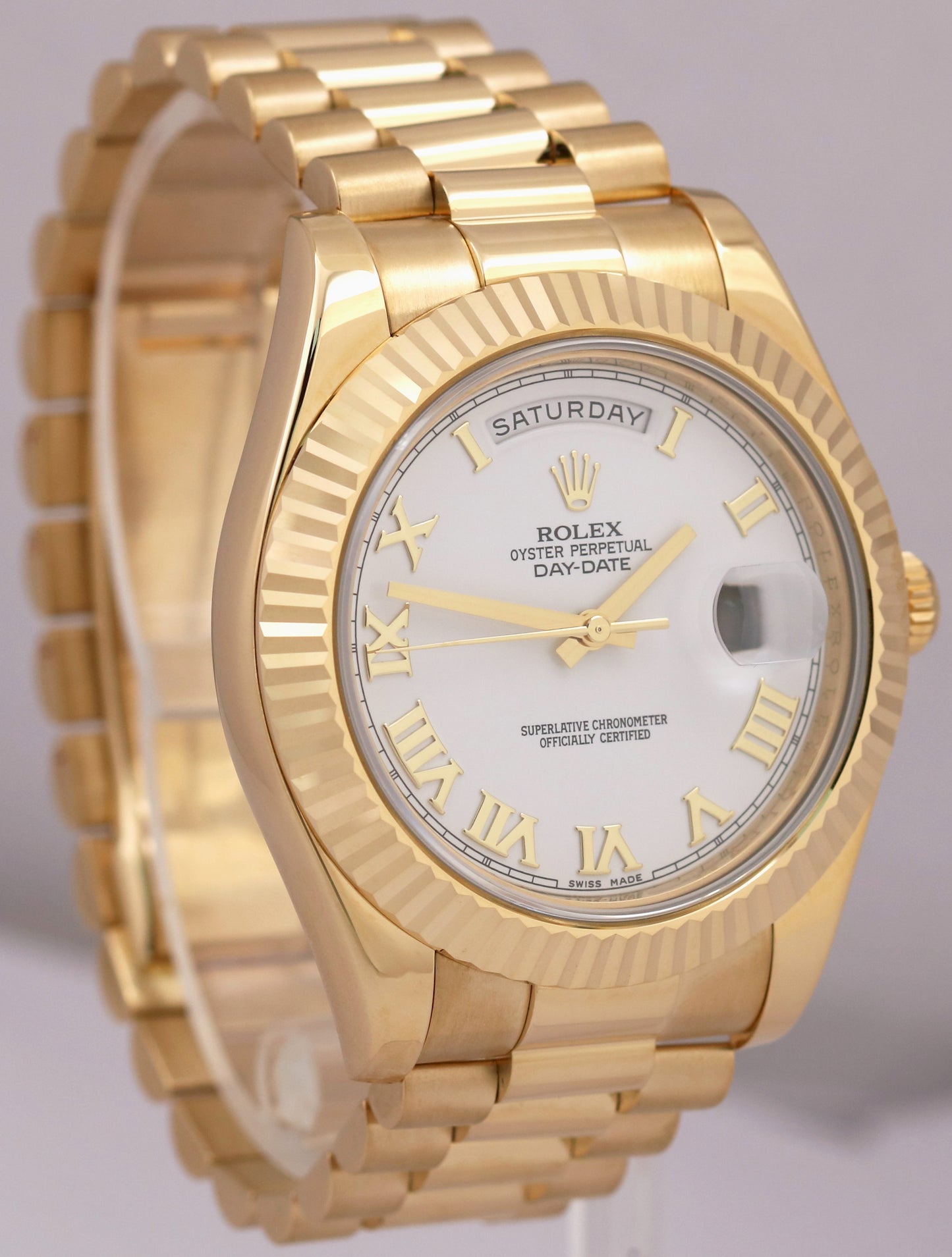 Rolex Day-Date II President WHITE ROMAN 41mm 18K Yellow Gold Watch 218238 BOX