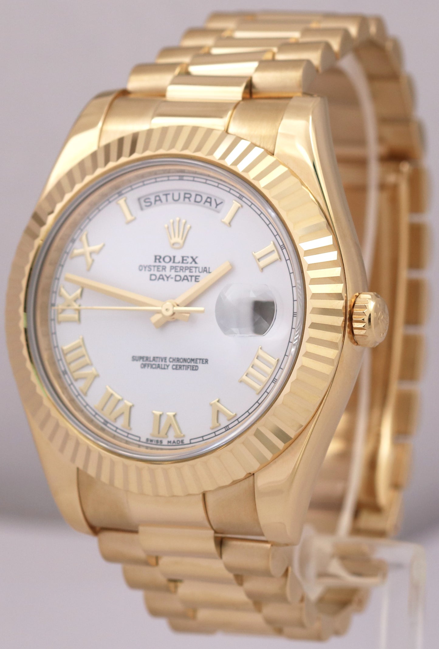 Rolex Day-Date II President WHITE ROMAN 41mm 18K Yellow Gold Watch 218238 BOX