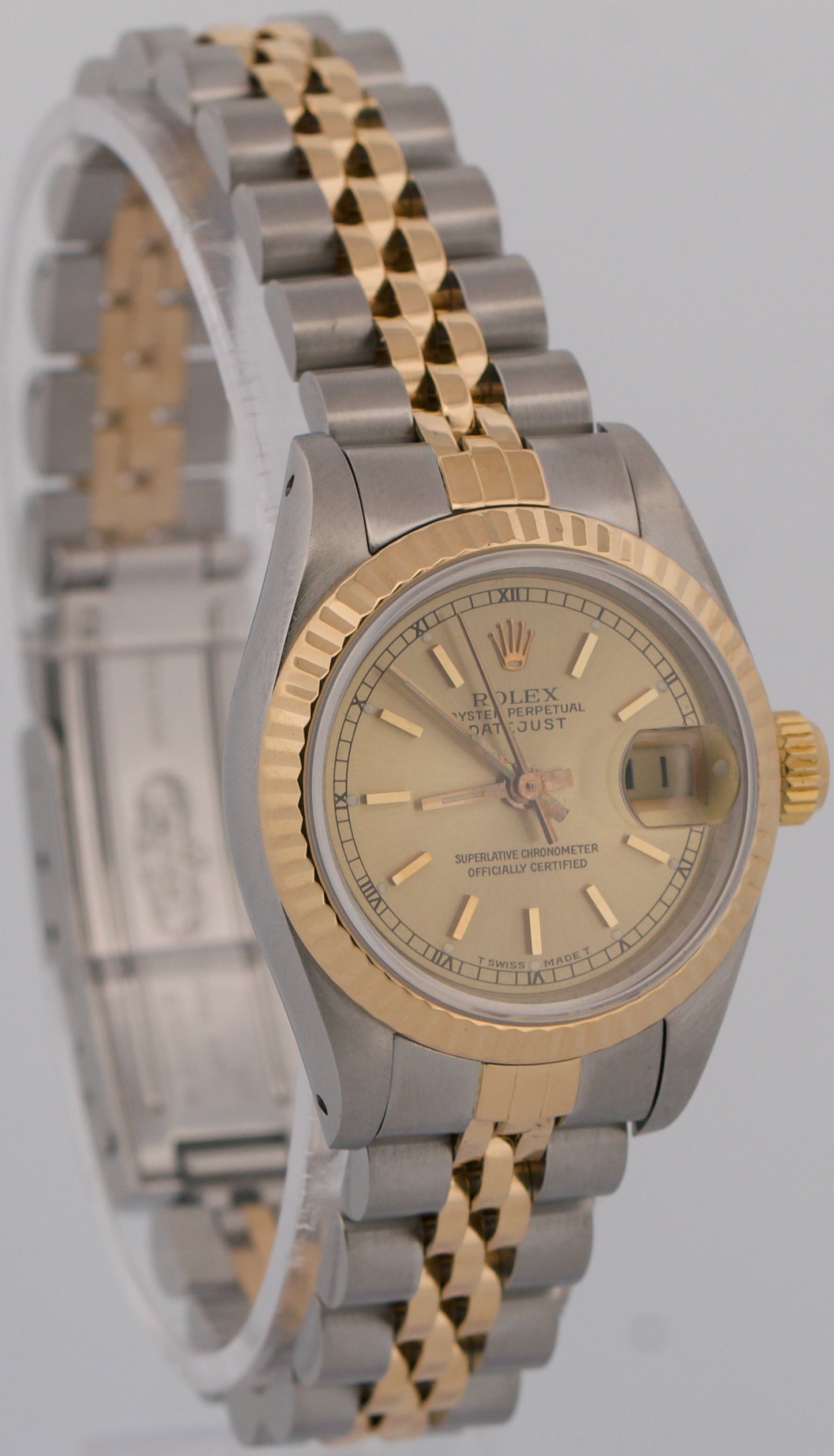 1989 Ladies Rolex DateJust 26mm CHAMPAGNE 18K Gold Steel JUBILEE Fluted 69173