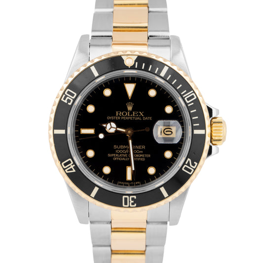 Rolex Submariner Date 18K Yellow Gold Black Stainless Steel 40mm 16803 Watch