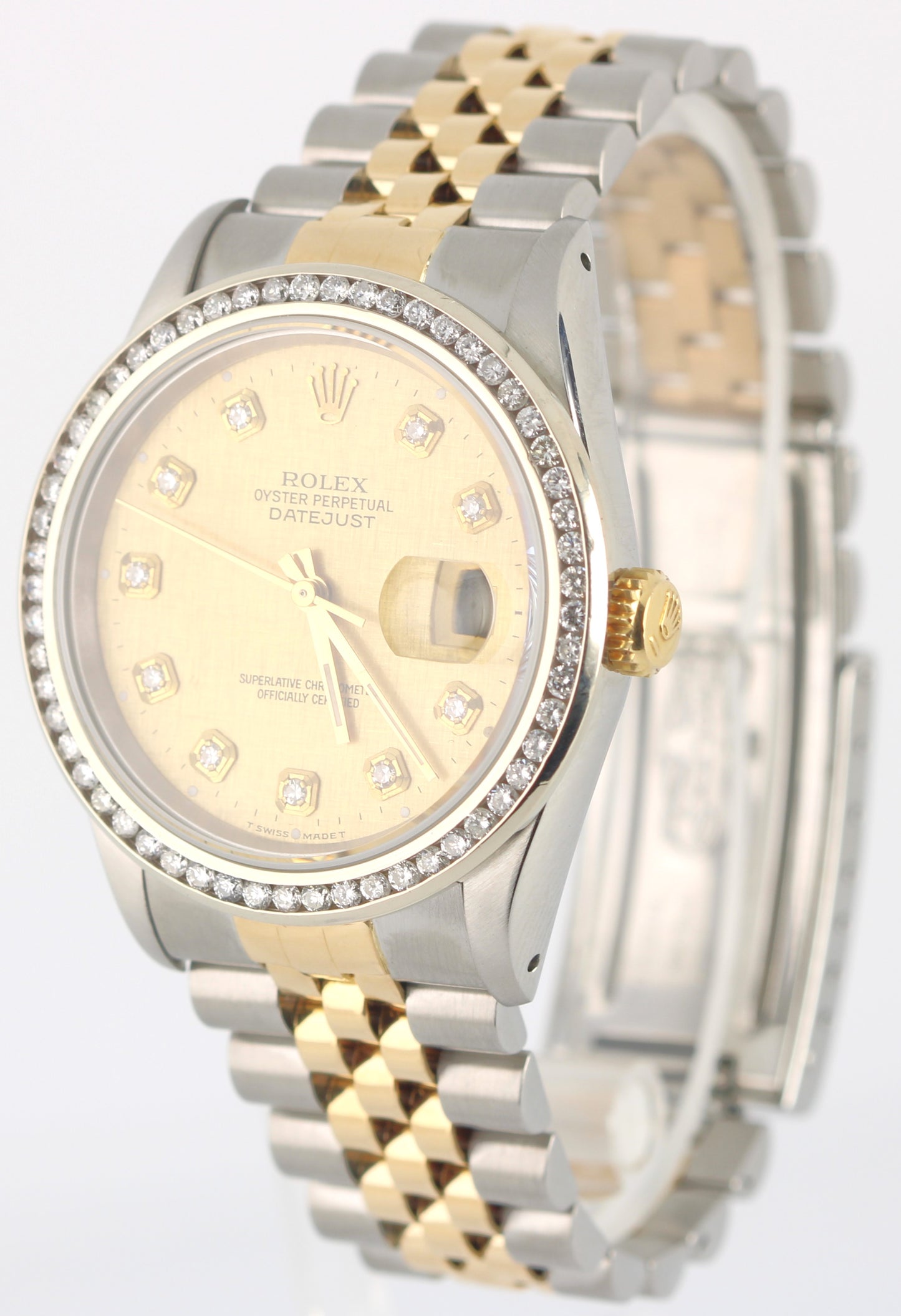 Rolex DateJust Two-Tone 18k Gold Steel Champagne Linen DIAMOND 36mm 16233 Watch
