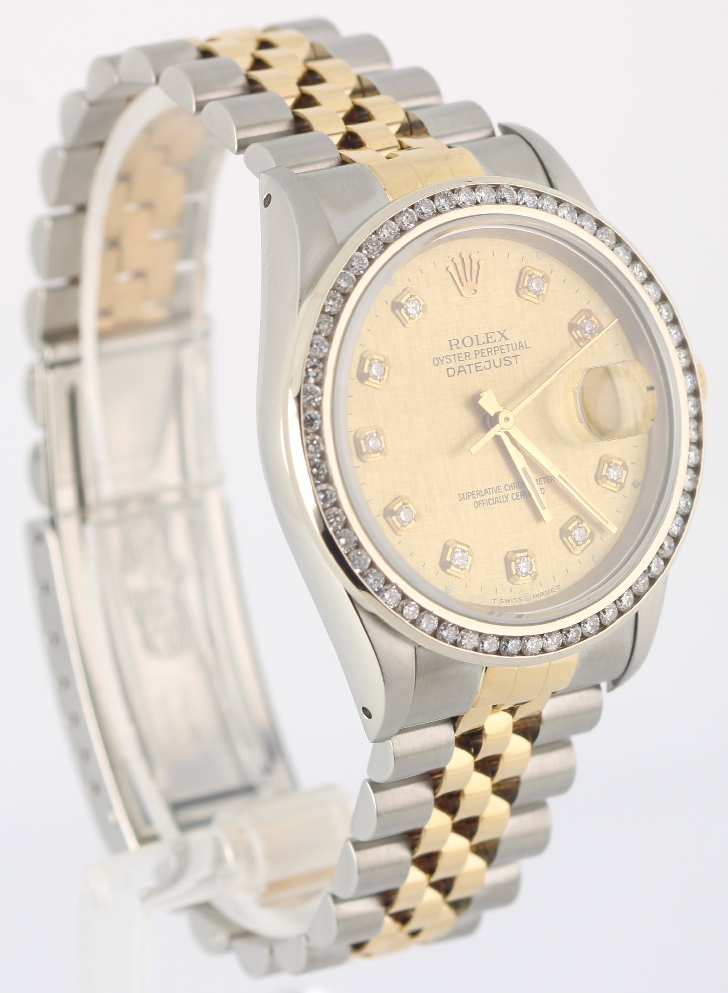 Rolex DateJust Two-Tone 18k Gold Steel Champagne Linen DIAMOND 36mm 16233 Watch