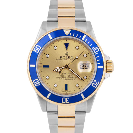 Rolex Submariner Date 40mm Blue Champagne Serti REHAUT Two-Tone 18K Gold 16613