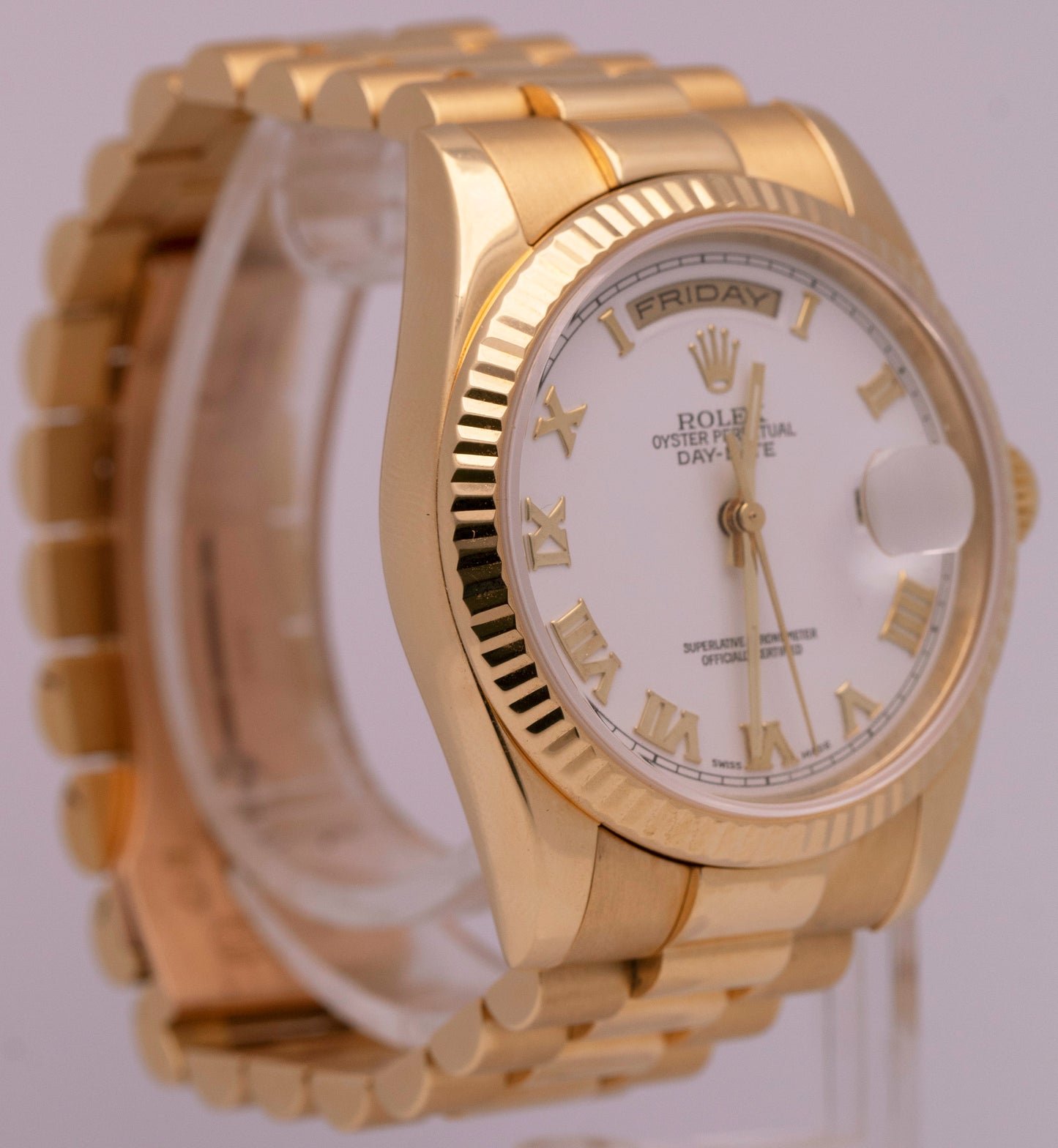 Rolex Day-Date President White 18K Yellow Gold Roman Fluted 36mm 118238 Watch