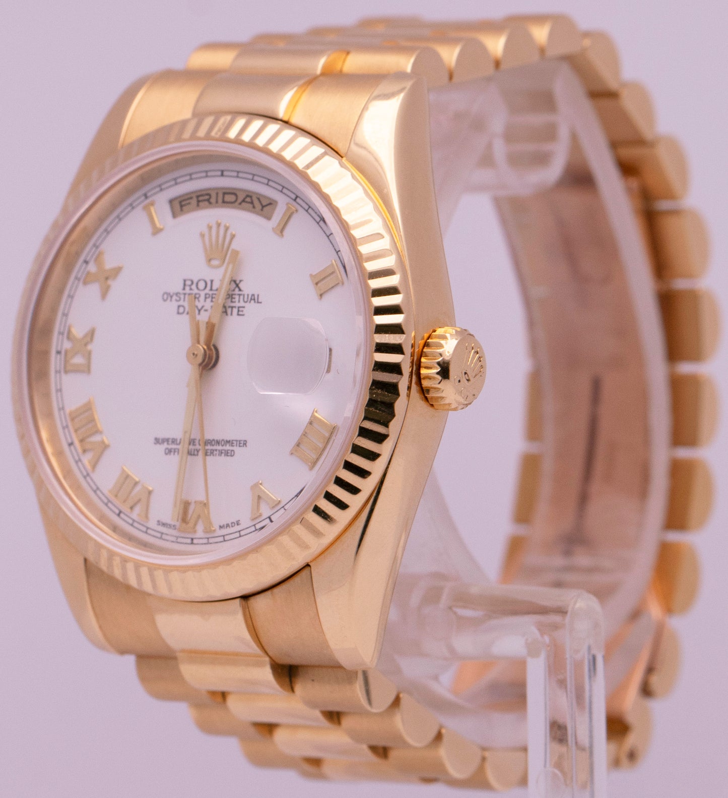 Rolex Day-Date President White 18K Yellow Gold Roman Fluted 36mm 118238 Watch