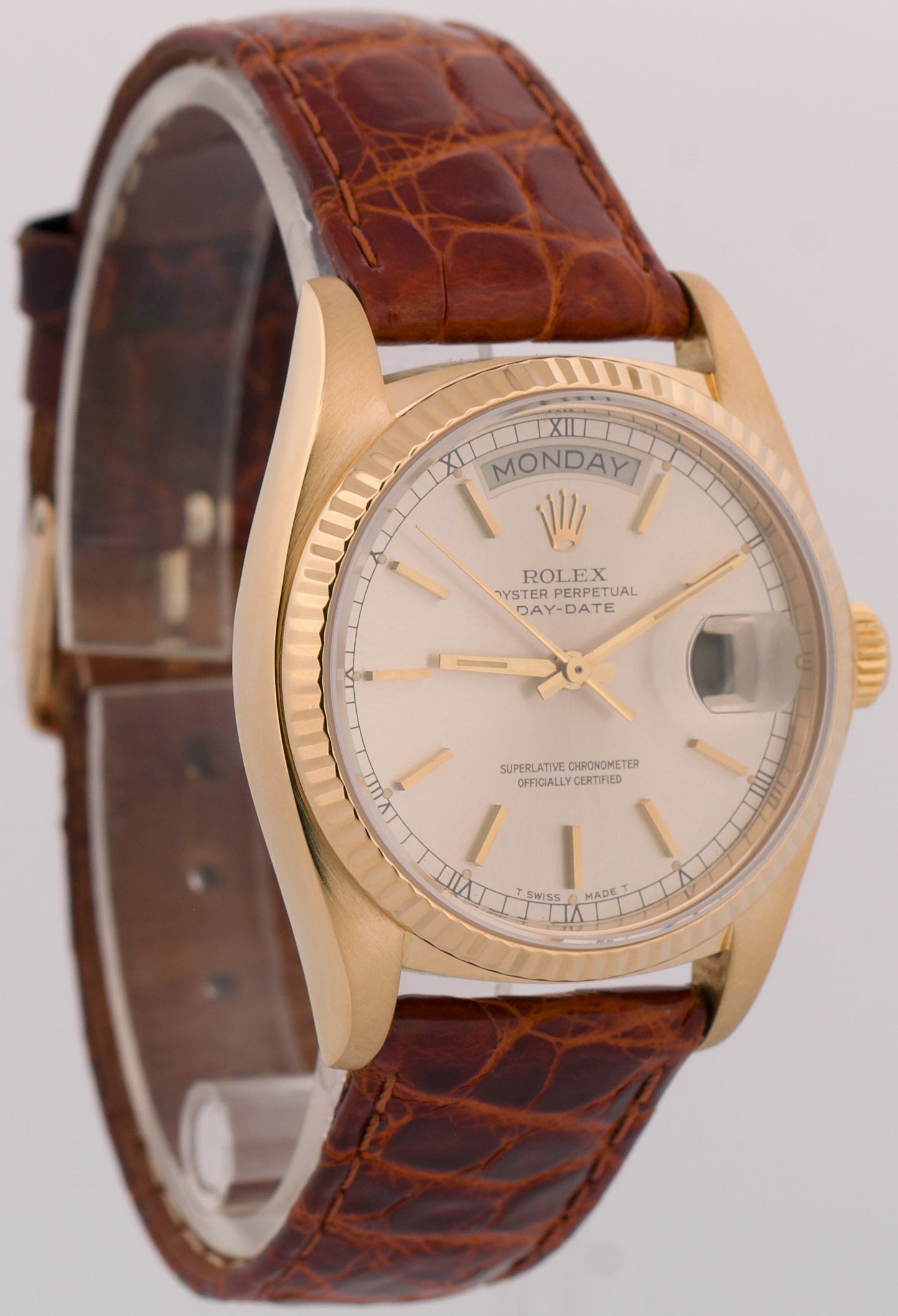 PAPERS Rolex Day-Date SILVER 18K Yellow Gold Fluted Brown Leather 36mm 18038 BOX