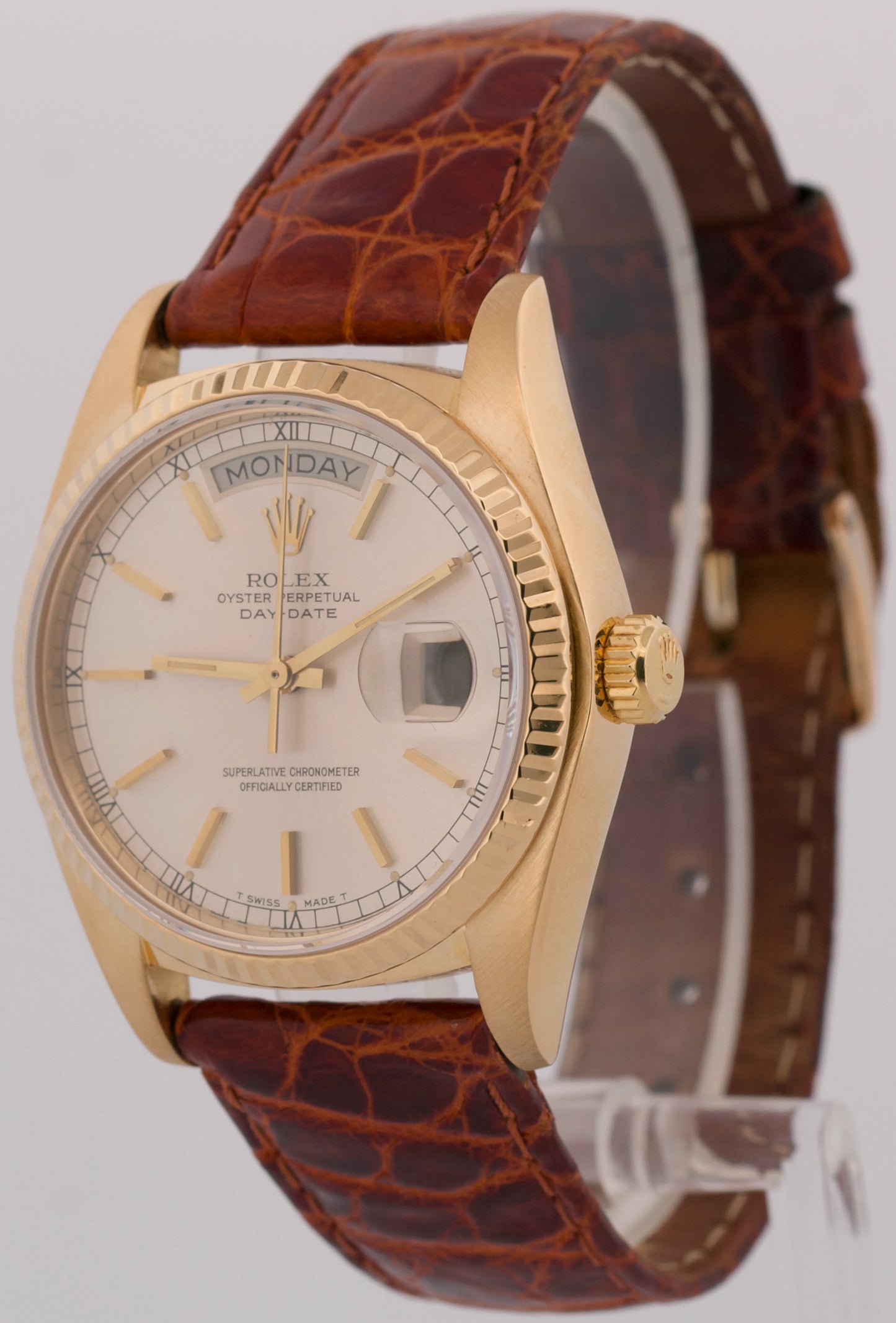 PAPERS Rolex Day-Date SILVER 18K Yellow Gold Fluted Brown Leather 36mm 18038 BOX