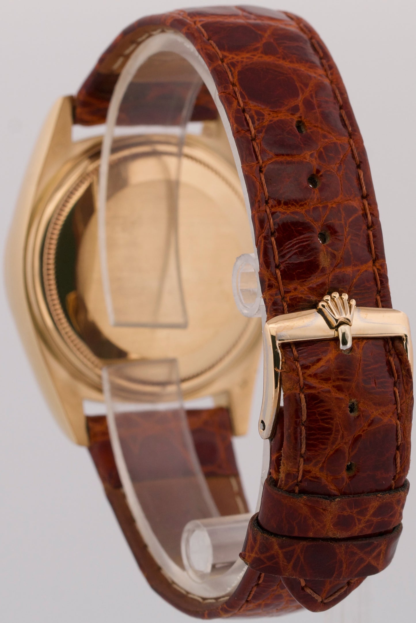 PAPERS Rolex Day-Date SILVER 18K Yellow Gold Fluted Brown Leather 36mm 18038 BOX