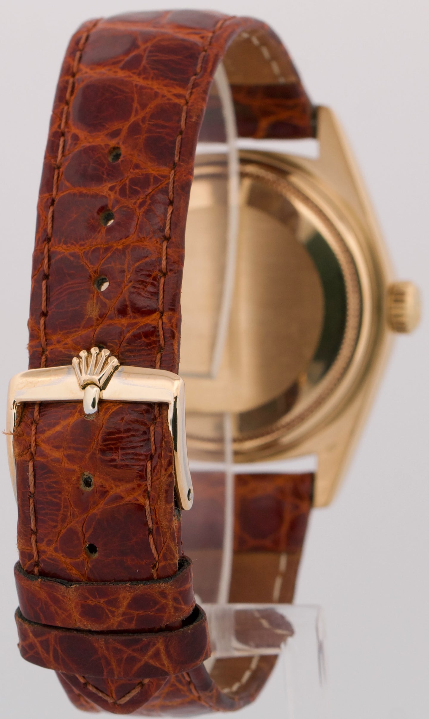 PAPERS Rolex Day-Date SILVER 18K Yellow Gold Fluted Brown Leather 36mm 18038 BOX
