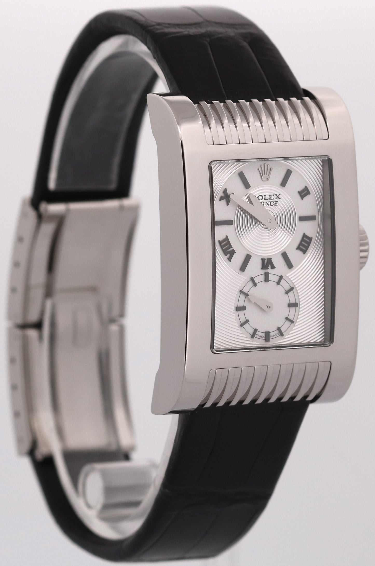 Rolex Cellini Prince SILVER ROMAN 18K White Gold Black Leather 28mm 5441/9