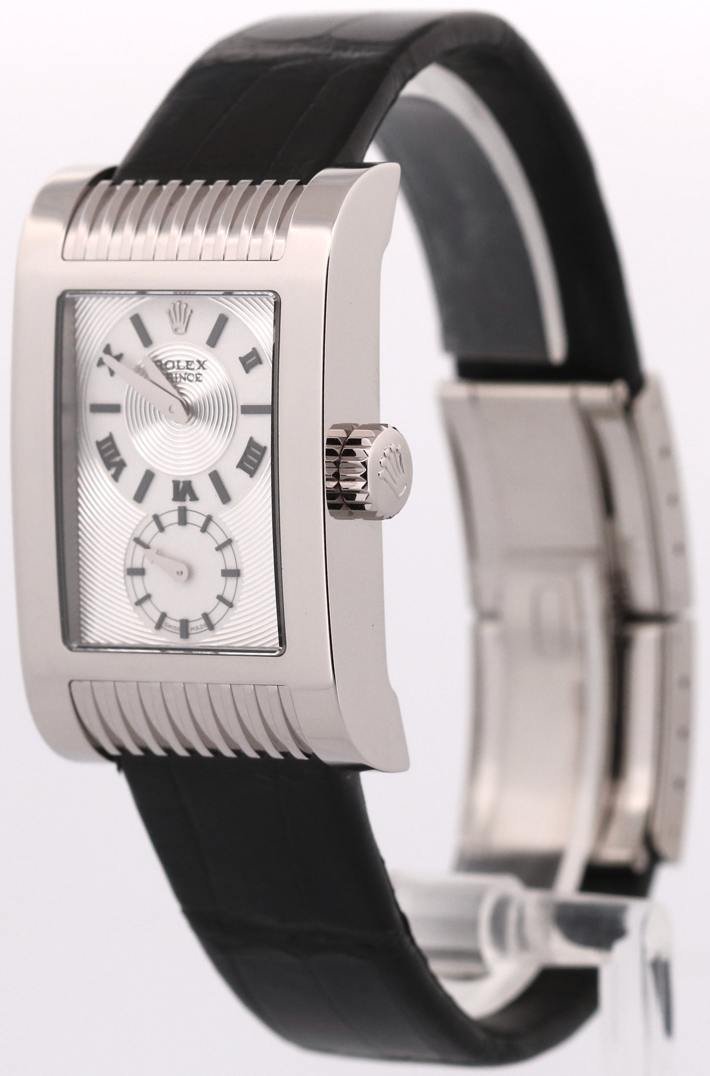 Rolex Cellini Prince SILVER ROMAN 18K White Gold Black Leather 28mm 5441/9