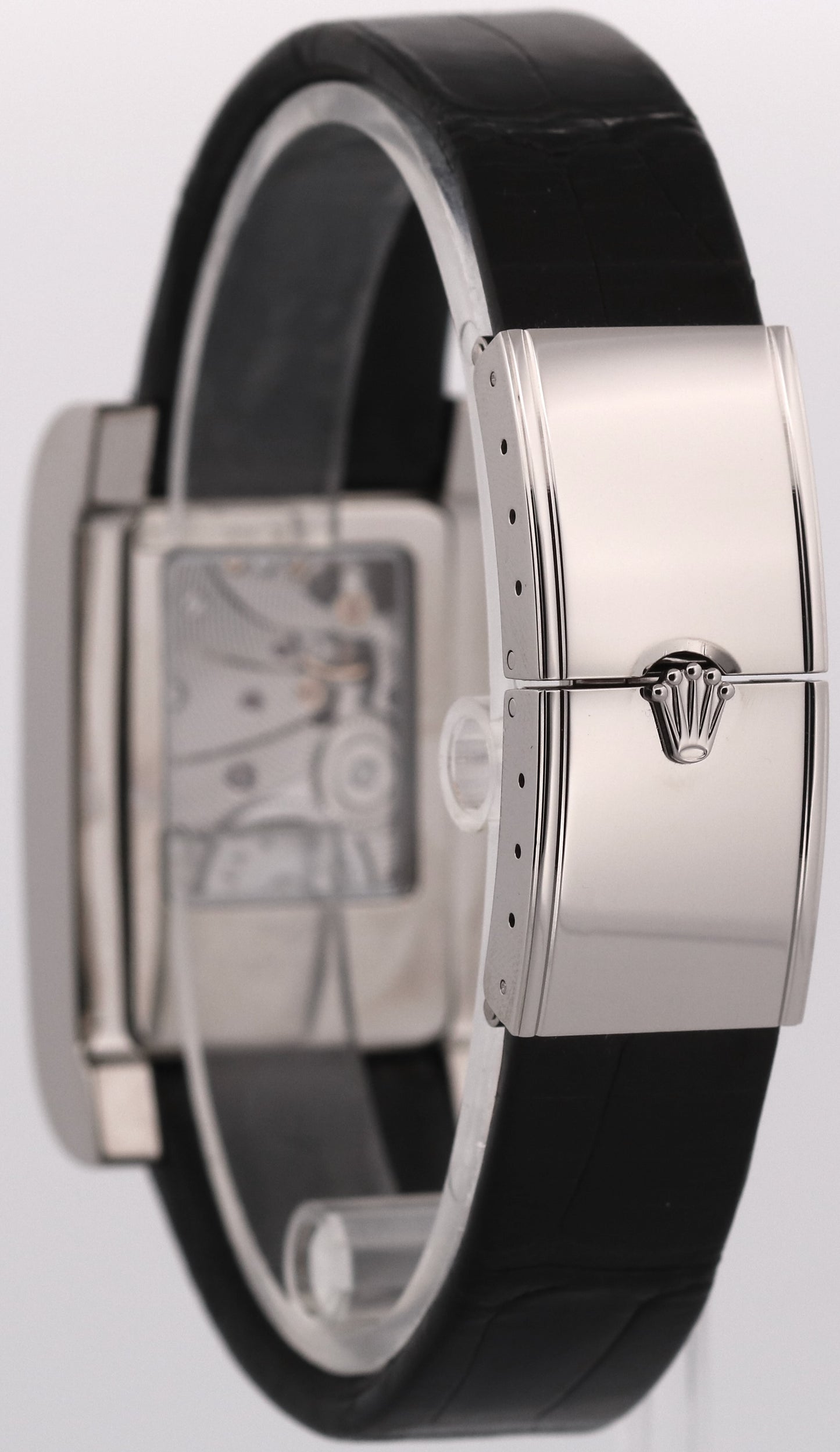 Rolex Cellini Prince SILVER ROMAN 18K White Gold Black Leather 28mm 5441/9