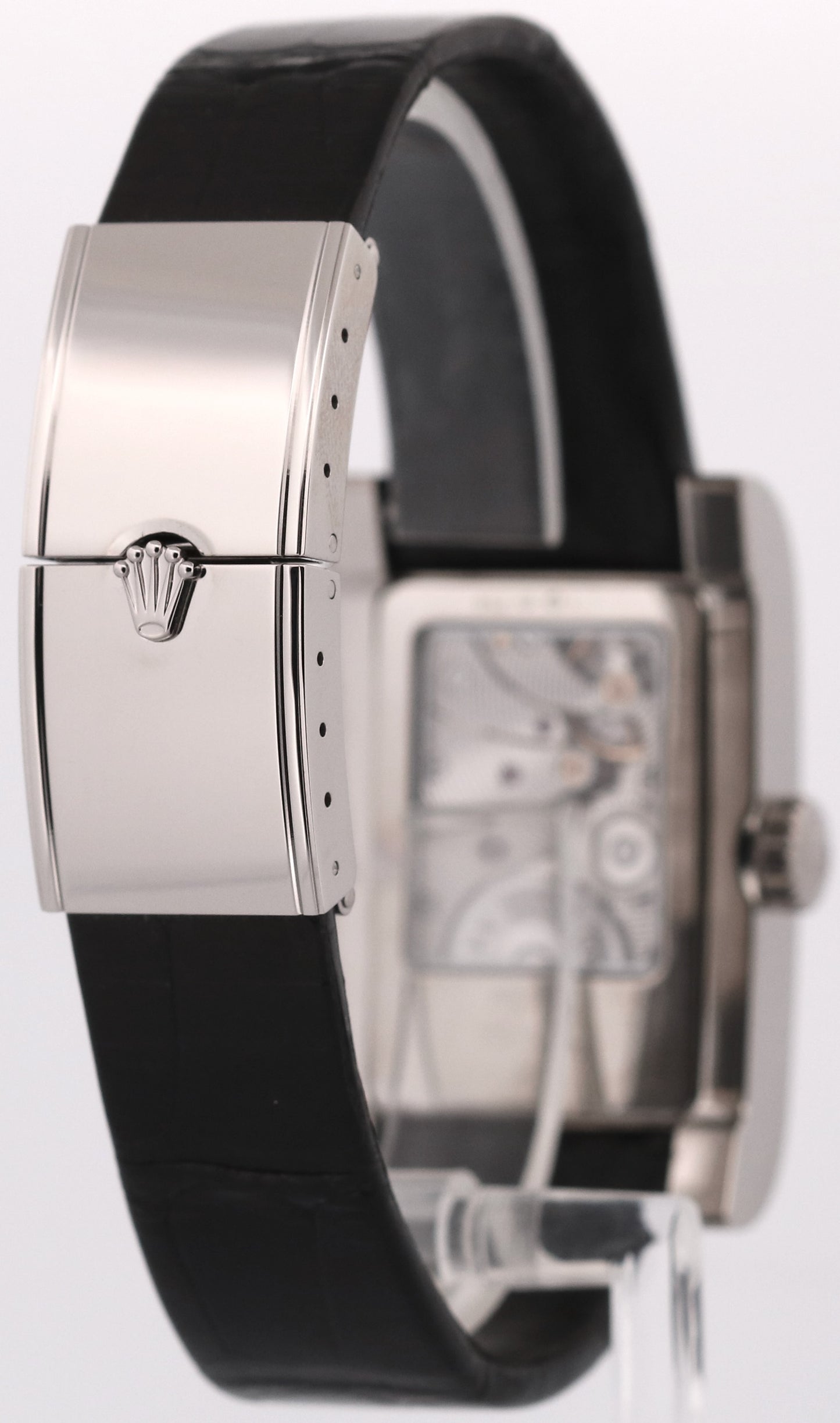 Rolex Cellini Prince SILVER ROMAN 18K White Gold Black Leather 28mm 5441/9