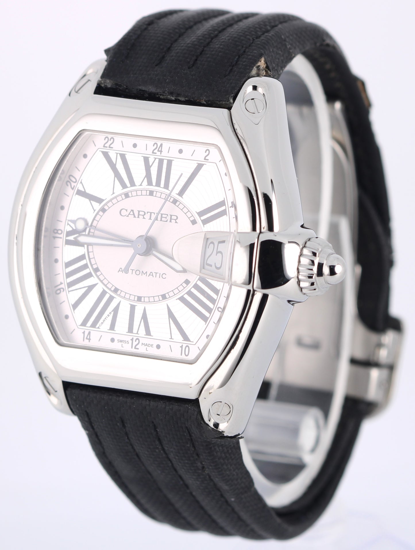 Cartier Roadster GMT XL Steel Silver Roman Numeral 42mmX48mm 2722 Textile Watch