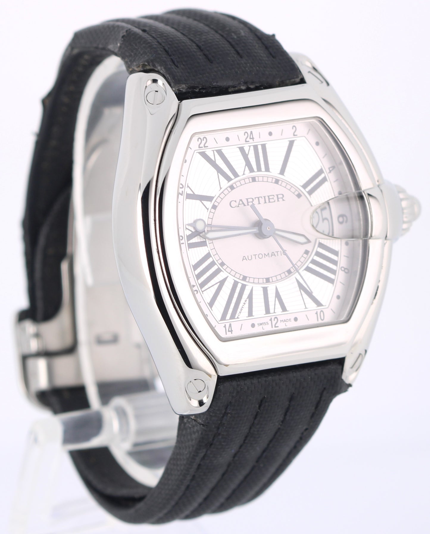 Cartier Roadster GMT XL Steel Silver Roman Numeral 42mmX48mm 2722 Textile Watch
