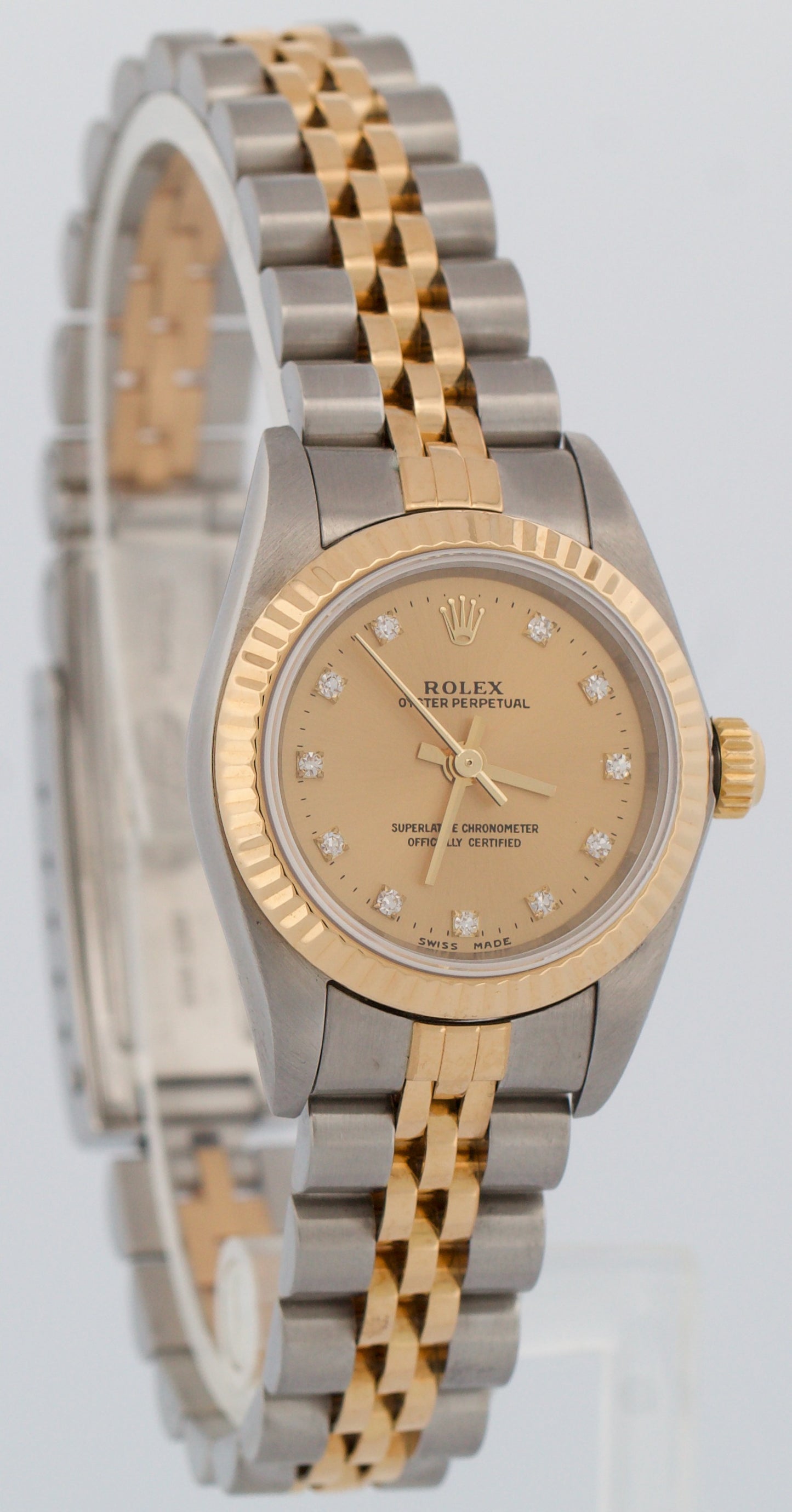 Rolex Oyster Perpetual 24mm CHAMPAGNE DIAMOND 18K Gold Steel JUBILEE 76193 Watch