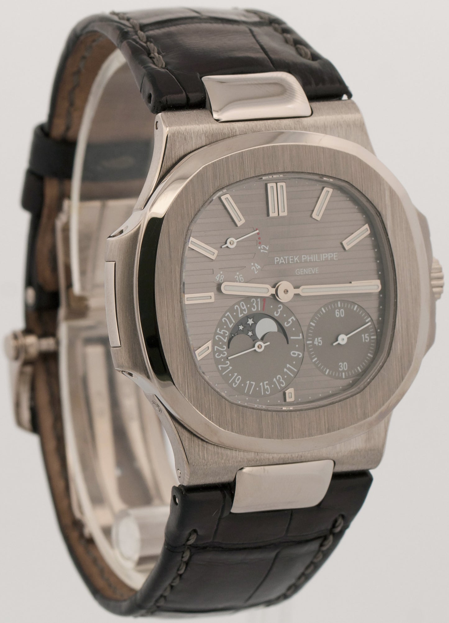 2009 PAPERS Patek Philippe Nautilus Gray Moon Phase 18K White Gold 5712G-001 BOX