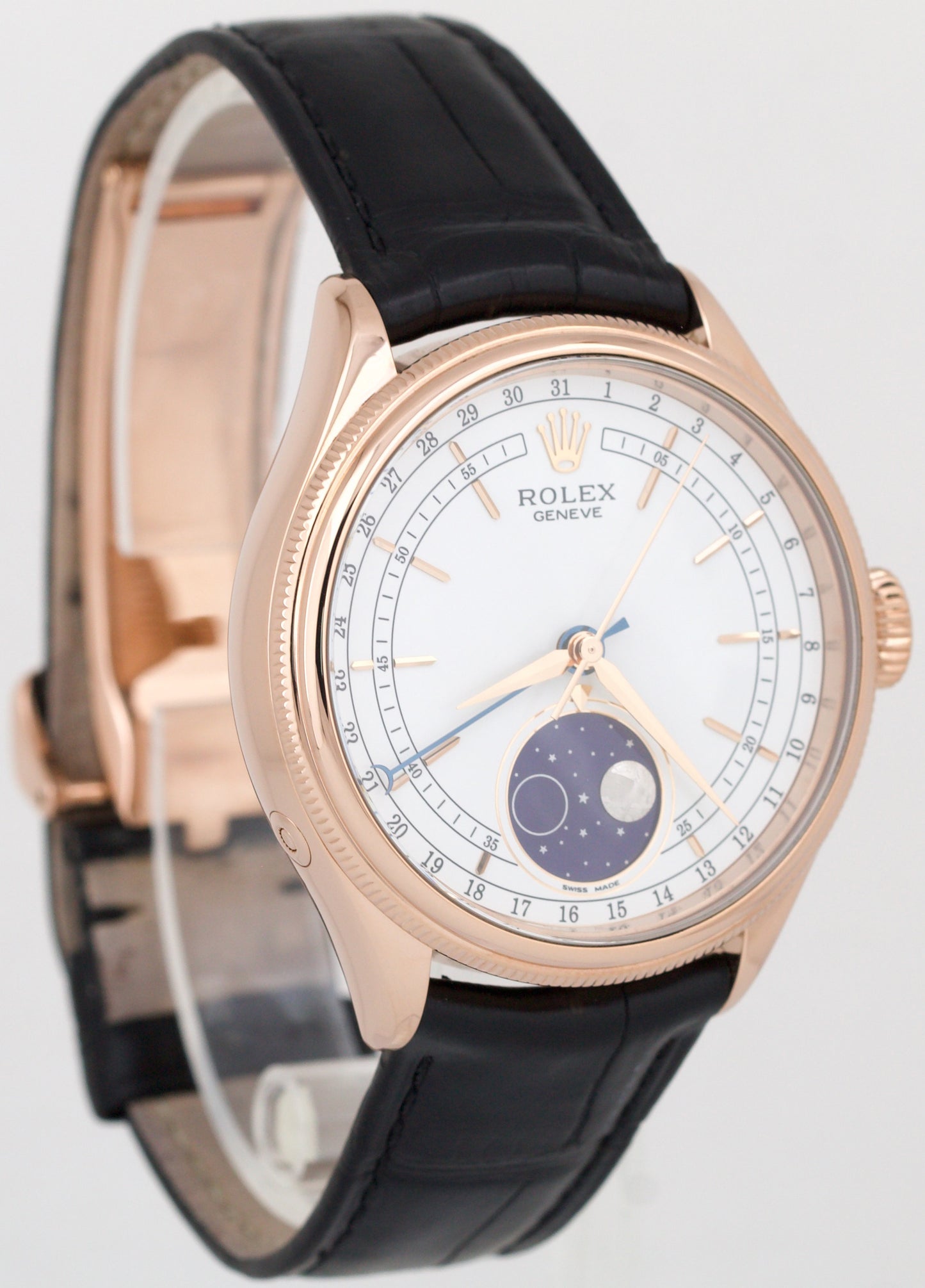 MINT Rolex Cellini Moonphase WHITE 18K Rose Gold Leather Everose 39mm 50535 BOX