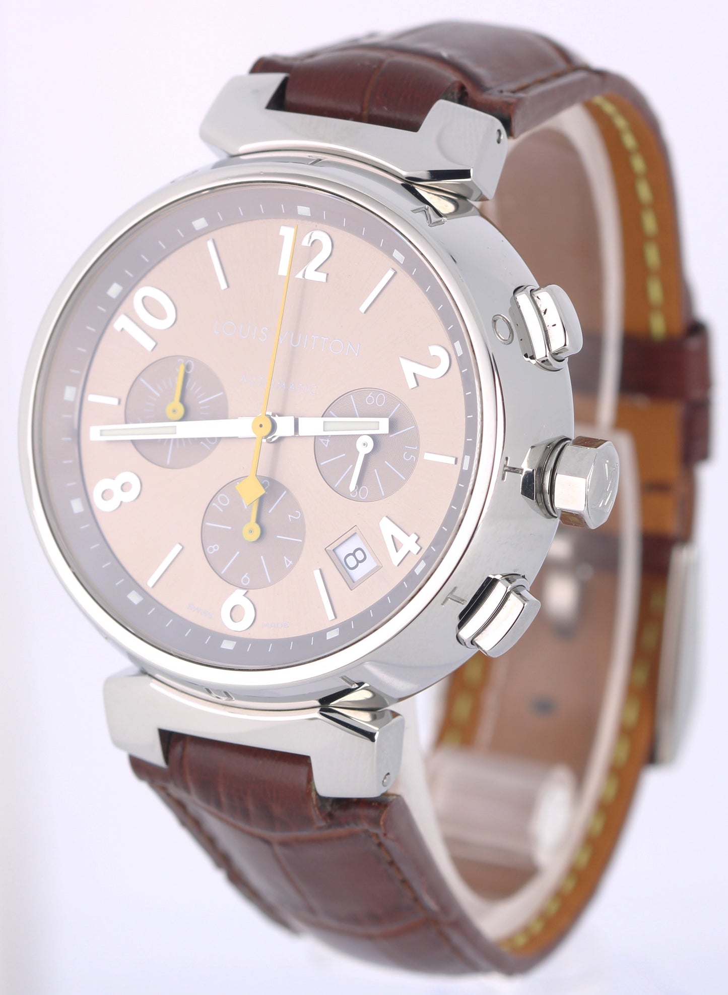 Louis Vuitton Tambour Chronograph Steel Beige 41.5mm Q1122 Brown Leather Watch