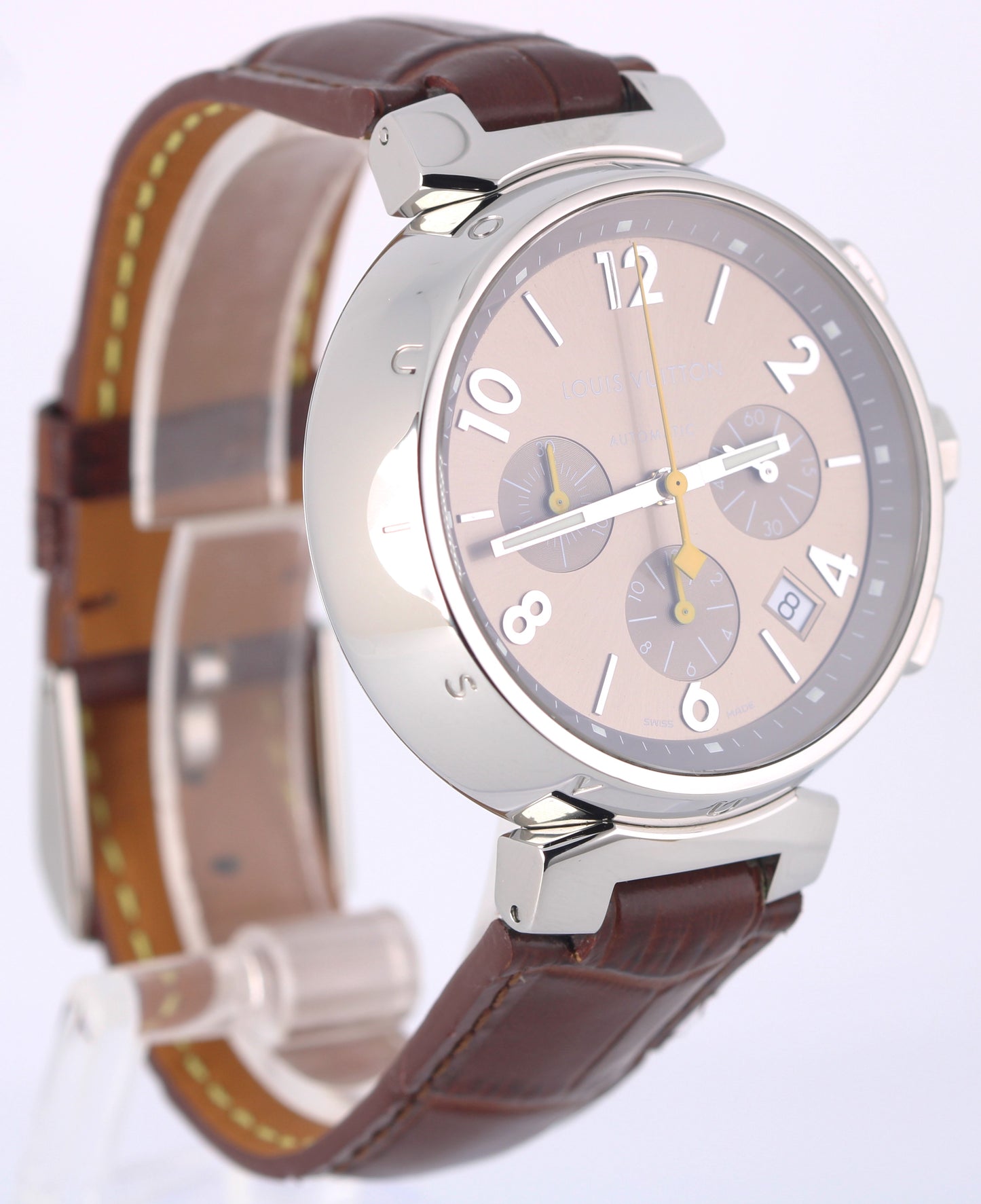 Louis Vuitton Tambour Chronograph Steel Beige 41.5mm Q1122 Brown Leather Watch