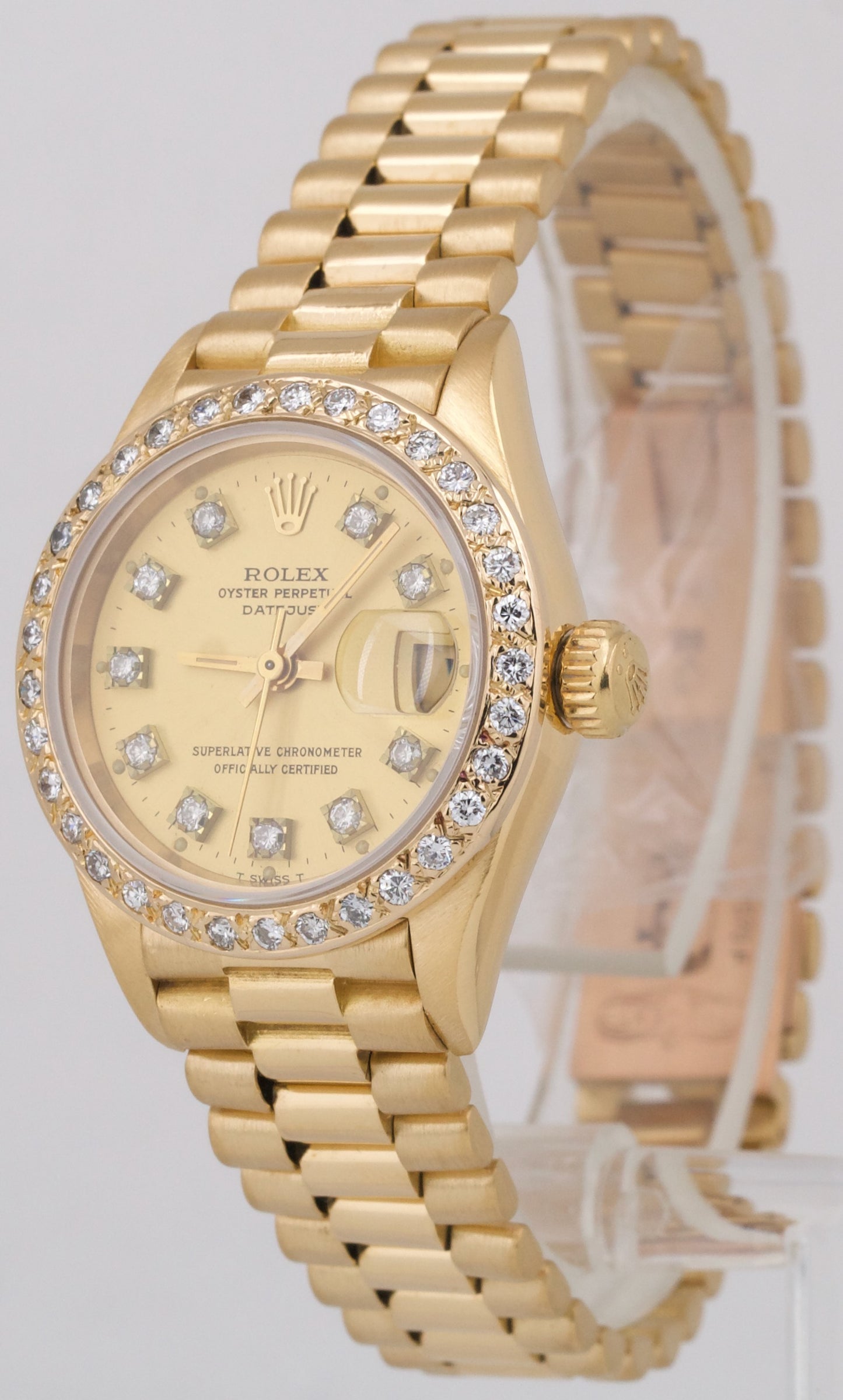 Ladies Rolex DateJust President 26mm CHAMPAGNE DIAMOND 18K Gold 69178 Watch