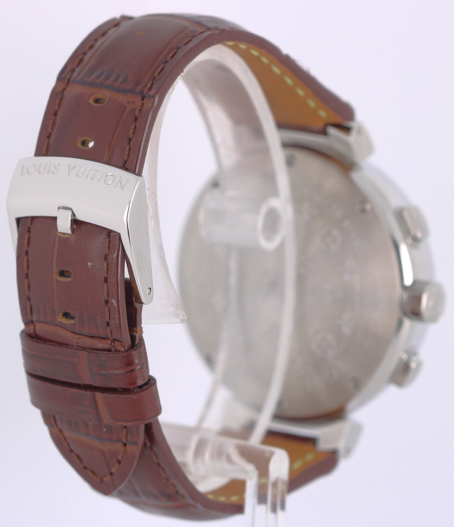 Louis Vuitton Tambour Chronograph Steel Beige 41.5mm Q1122 Brown Leather Watch