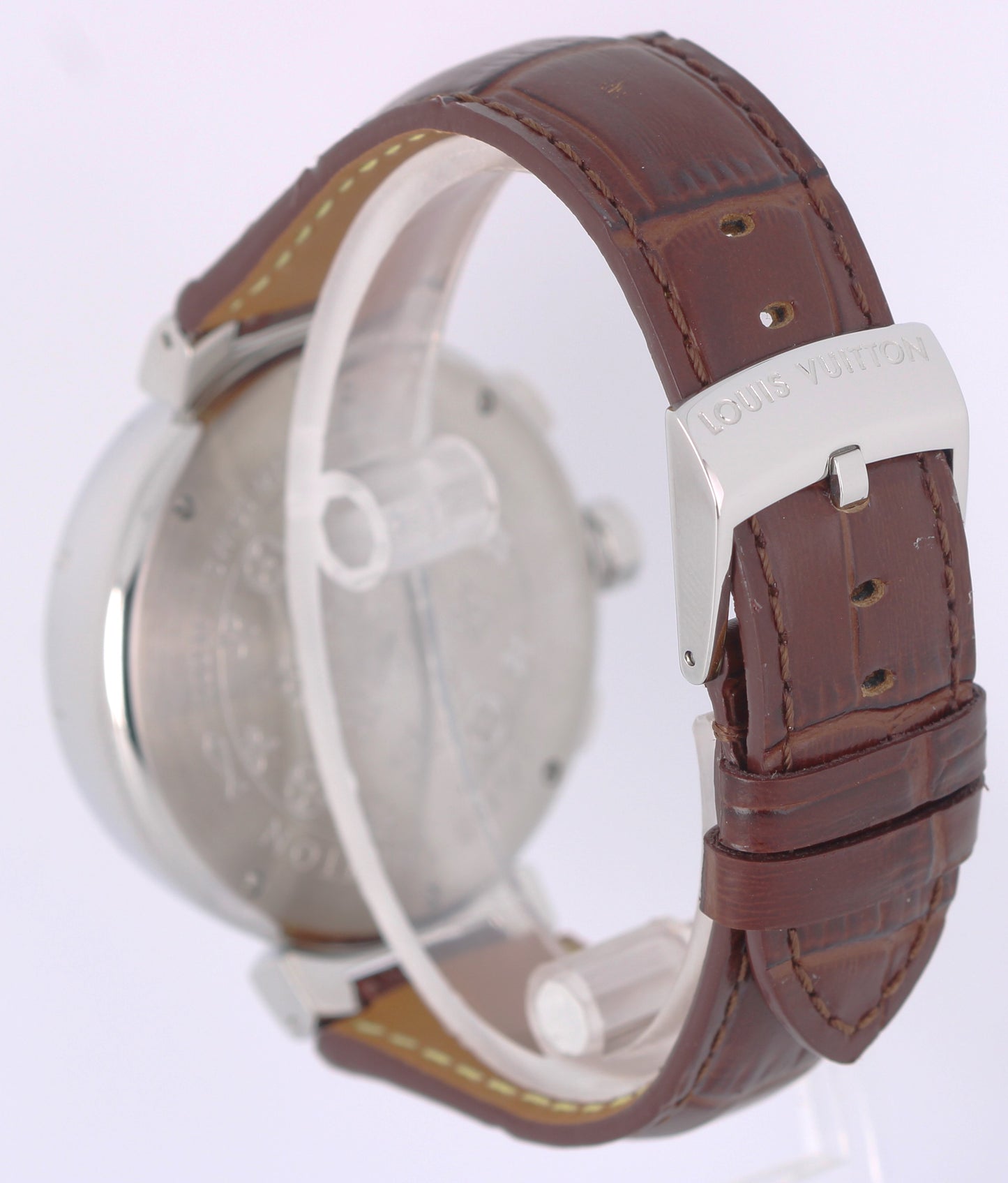 Louis Vuitton Tambour Chronograph Steel Beige 41.5mm Q1122 Brown Leather Watch