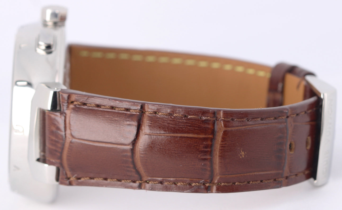 Louis Vuitton Tambour Chronograph Steel Beige 41.5mm Q1122 Brown Leather Watch