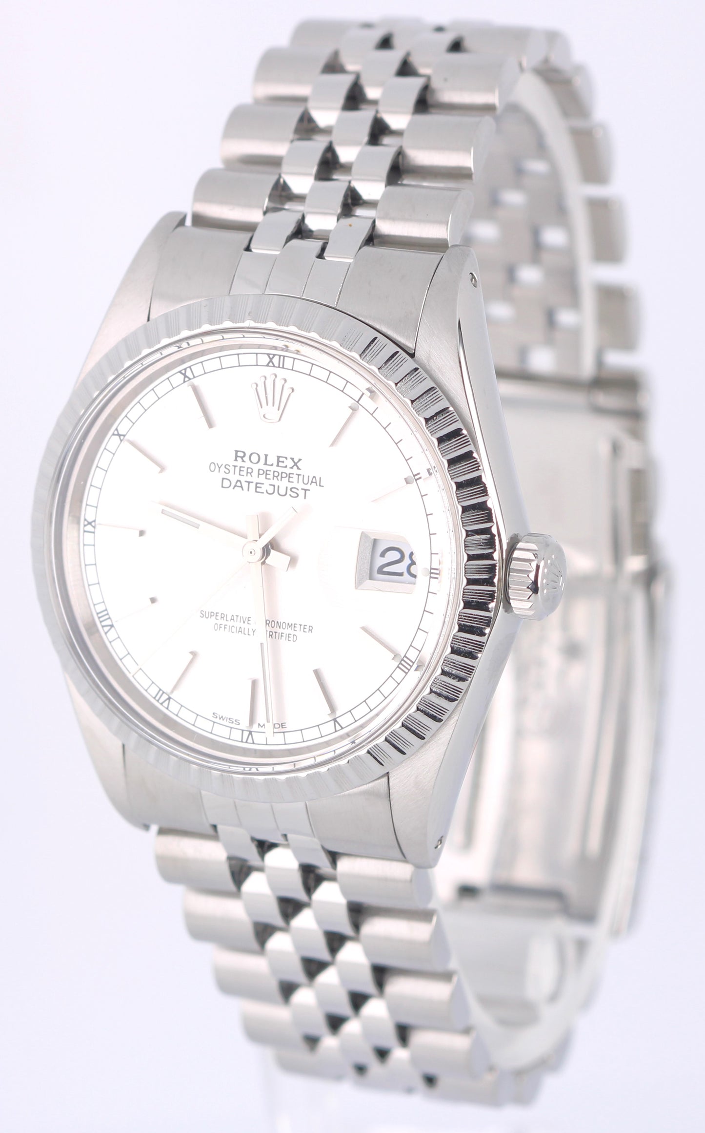 VINTAGE Rolex DateJust Steel Silver 36mm Engine-Turned 16030 Jubilee Watch