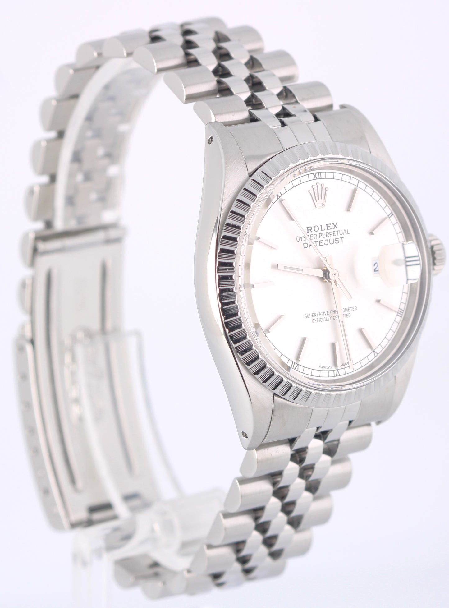 VINTAGE Rolex DateJust Steel Silver 36mm Engine-Turned 16030 Jubilee Watch