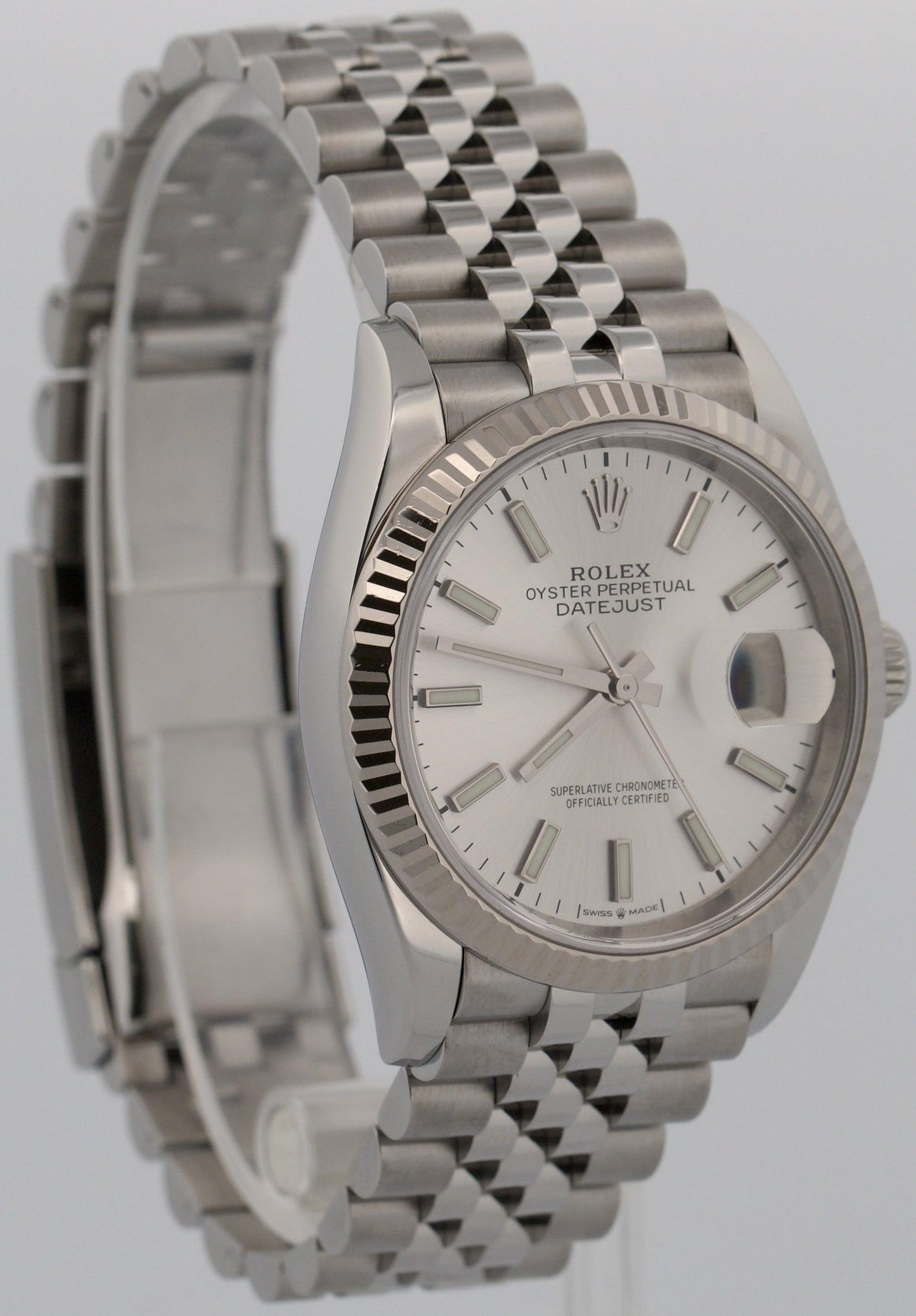 Rolex DateJust 36mm SILVER Stainless Steel Jubilee 18K Gold Fluted 126234 Watch