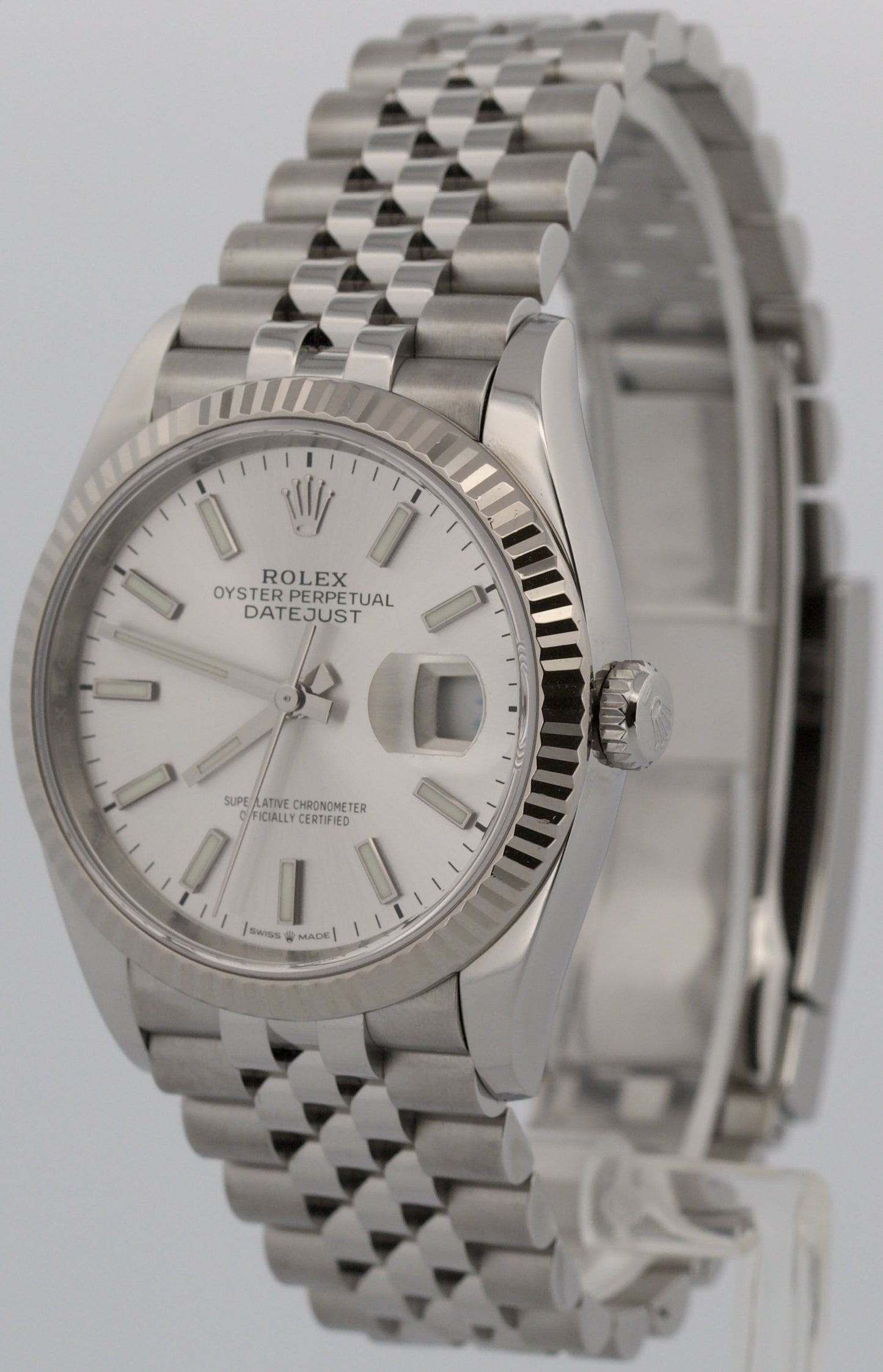 Rolex DateJust 36mm SILVER Stainless Steel Jubilee 18K Gold Fluted 126234 Watch