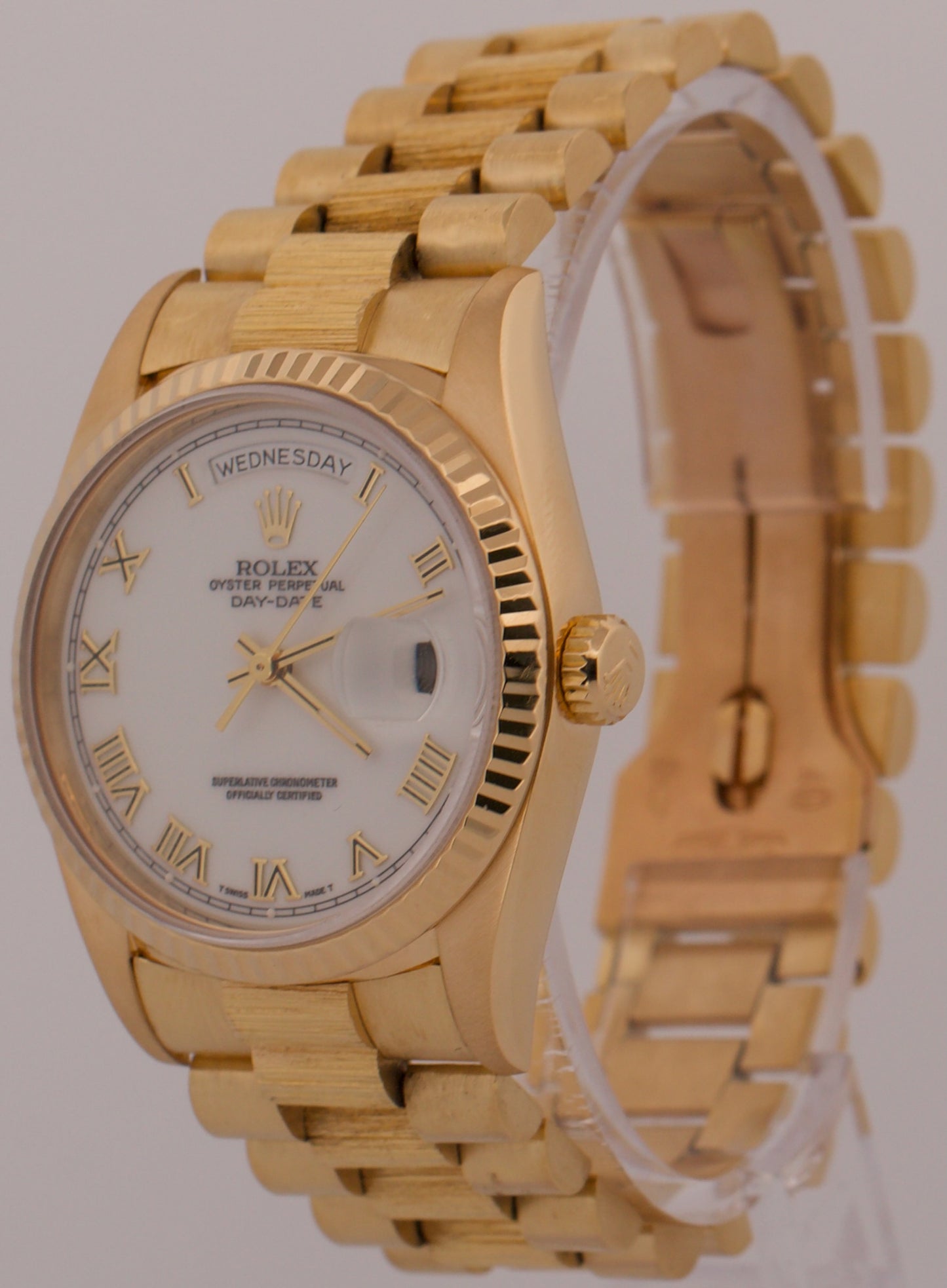 1979 Rolex Day-Date President 36mm WHITE ROMAN BARK 18K Yellow Gold Fluted 18078